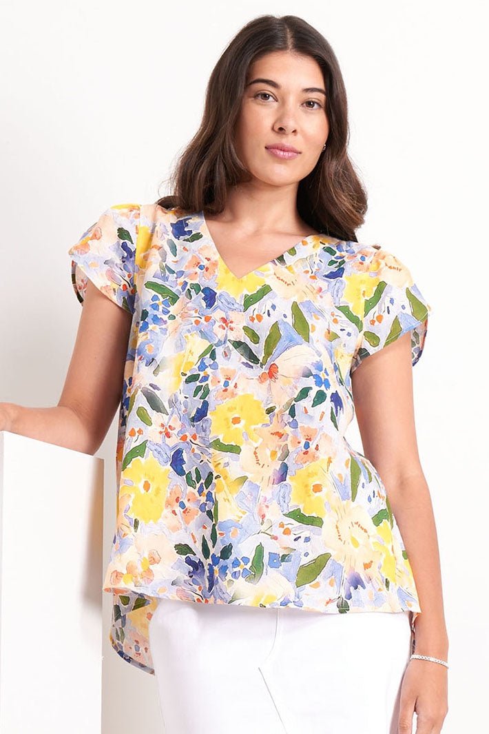 Foil 7472 Yellow Impression Print Short Sleeve Top - Dotique