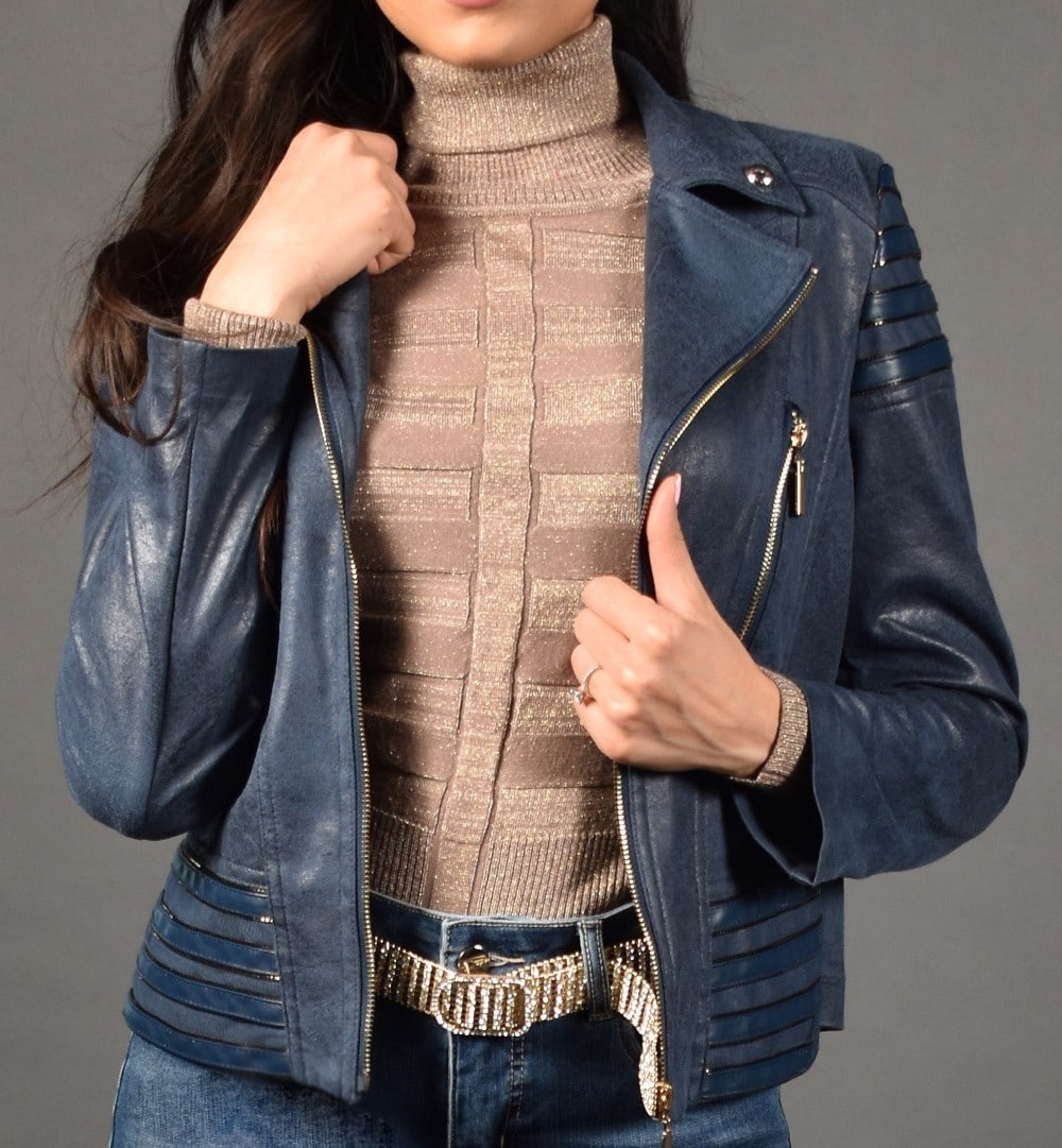 Frank Lyman 213184U Navy Jacket With Gold Zip Detail Front 3 | Dotique