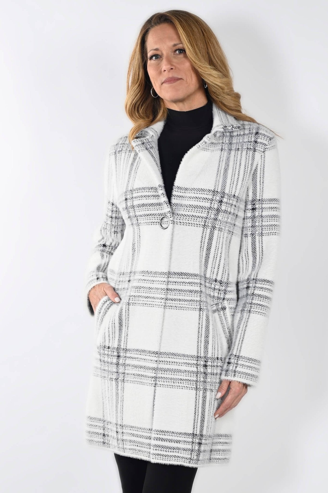Frank Lyman 233860U White Black Check Longline Jacket - Dotique