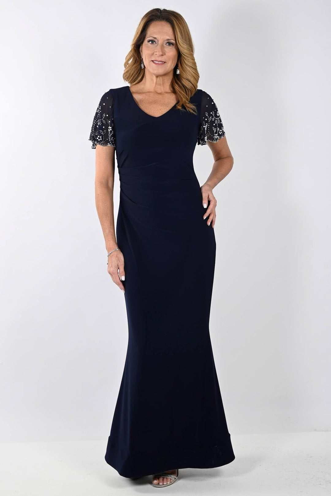 Frank Lyman 239014 Navy Waterfall Sleeve Evening Dress - Dotique