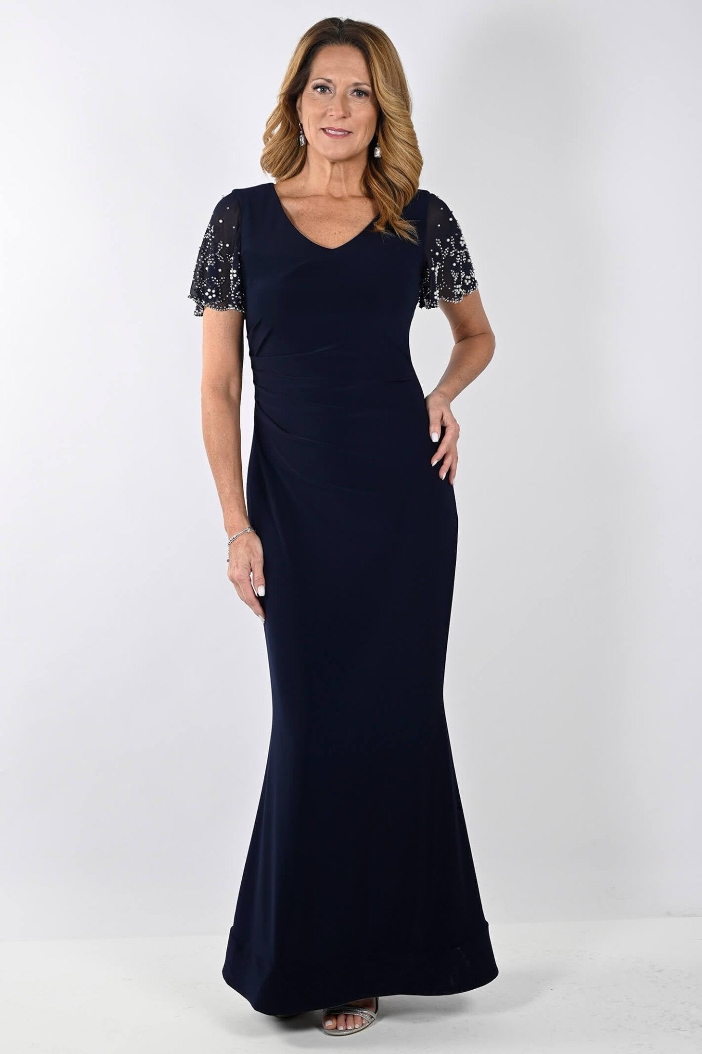 Frank Lyman 239014 Navy Waterfall Sleeve Evening Dress - Dotique