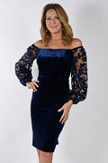 Frank Lyman 239226 Navy Velvet Bardot Neckline Occasion Dress - Dotique
