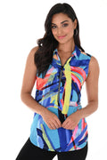 Frank Lyman 246132 Blue Multicolour Print Zip Neck Top - Dotique
