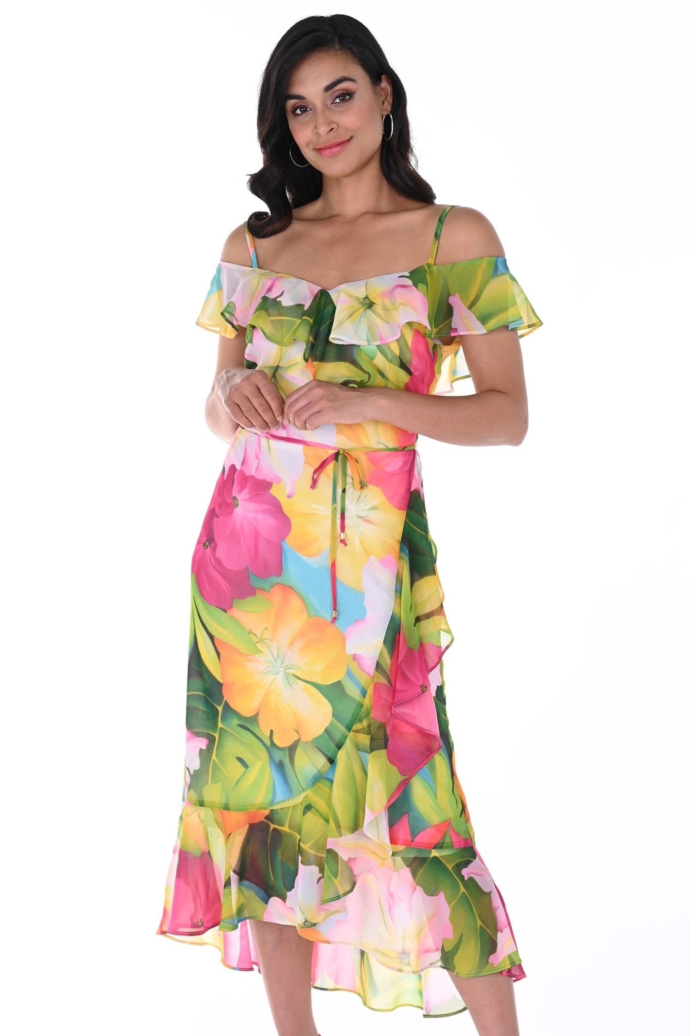 Frank Lyman 246484 Pink Green Tropical Print Off The Shoulder Dress - Dotique