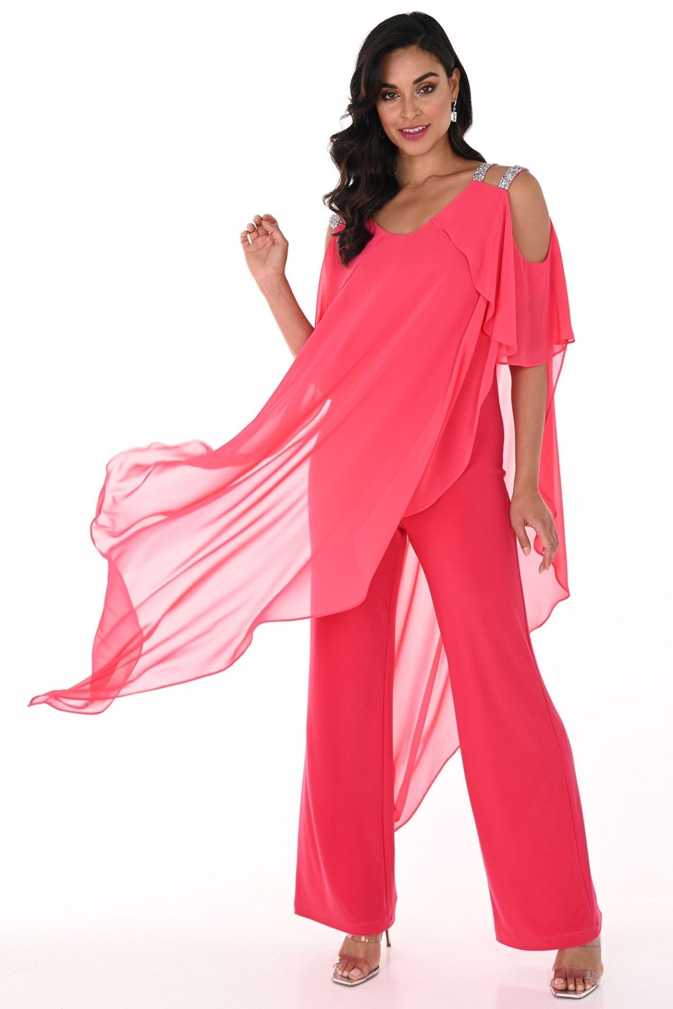 Frank Lyman 248146 Dahlia Pink Chiffon Overlay Jumpsuit - Dotique