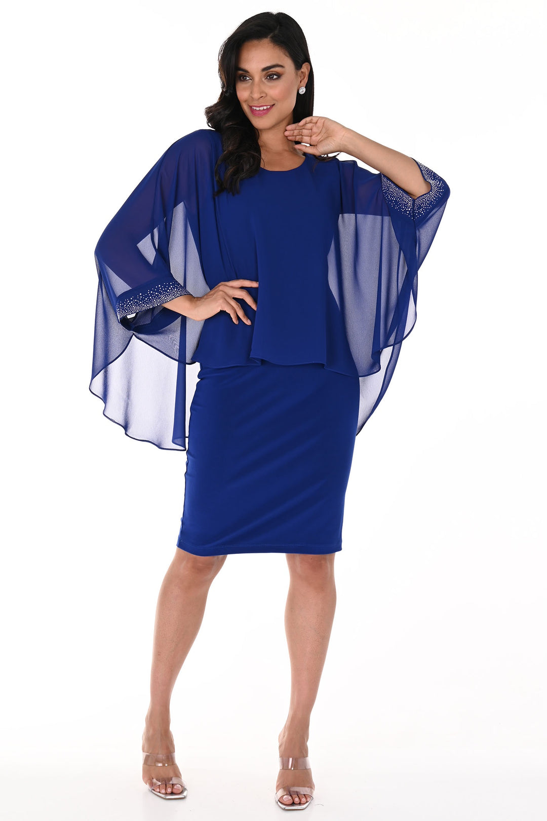 Frank Lyman 248148 Imperial Blue Chiffon Cape Occasion Dress - Dotique