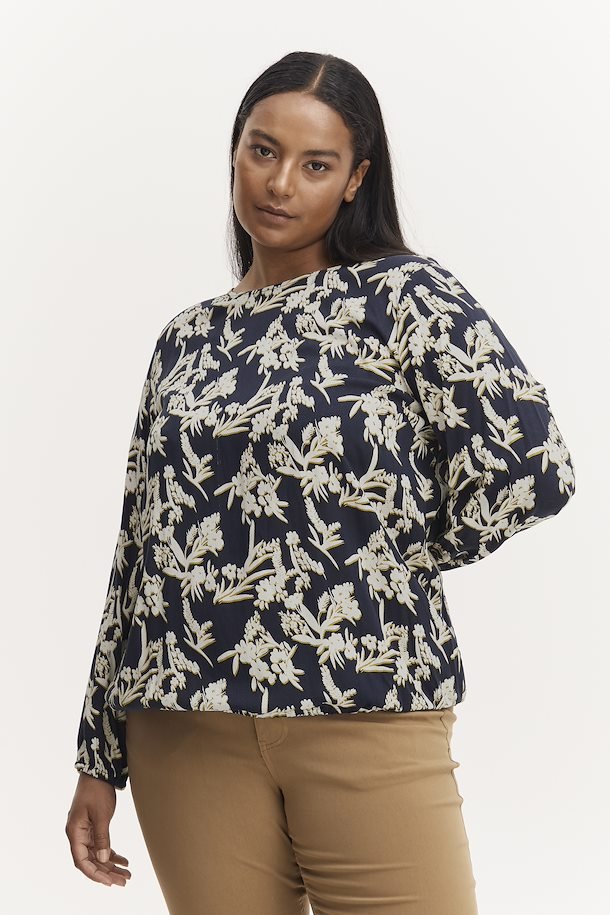 Fransa Plus FPMEO Navy Patterned Blouse Front