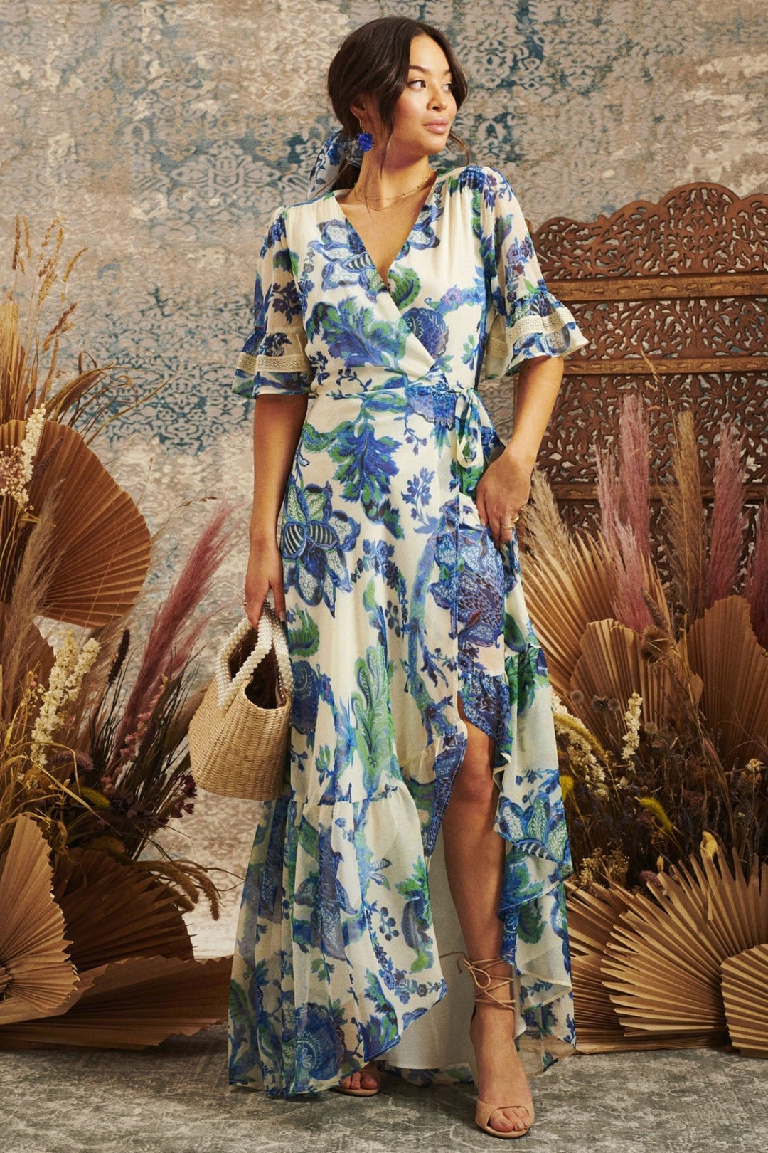 Hope and Ivy The Catalina Flutter Sleeve Maxi Wrap Dress with Contrast Lace and Tie Waist - Dotique