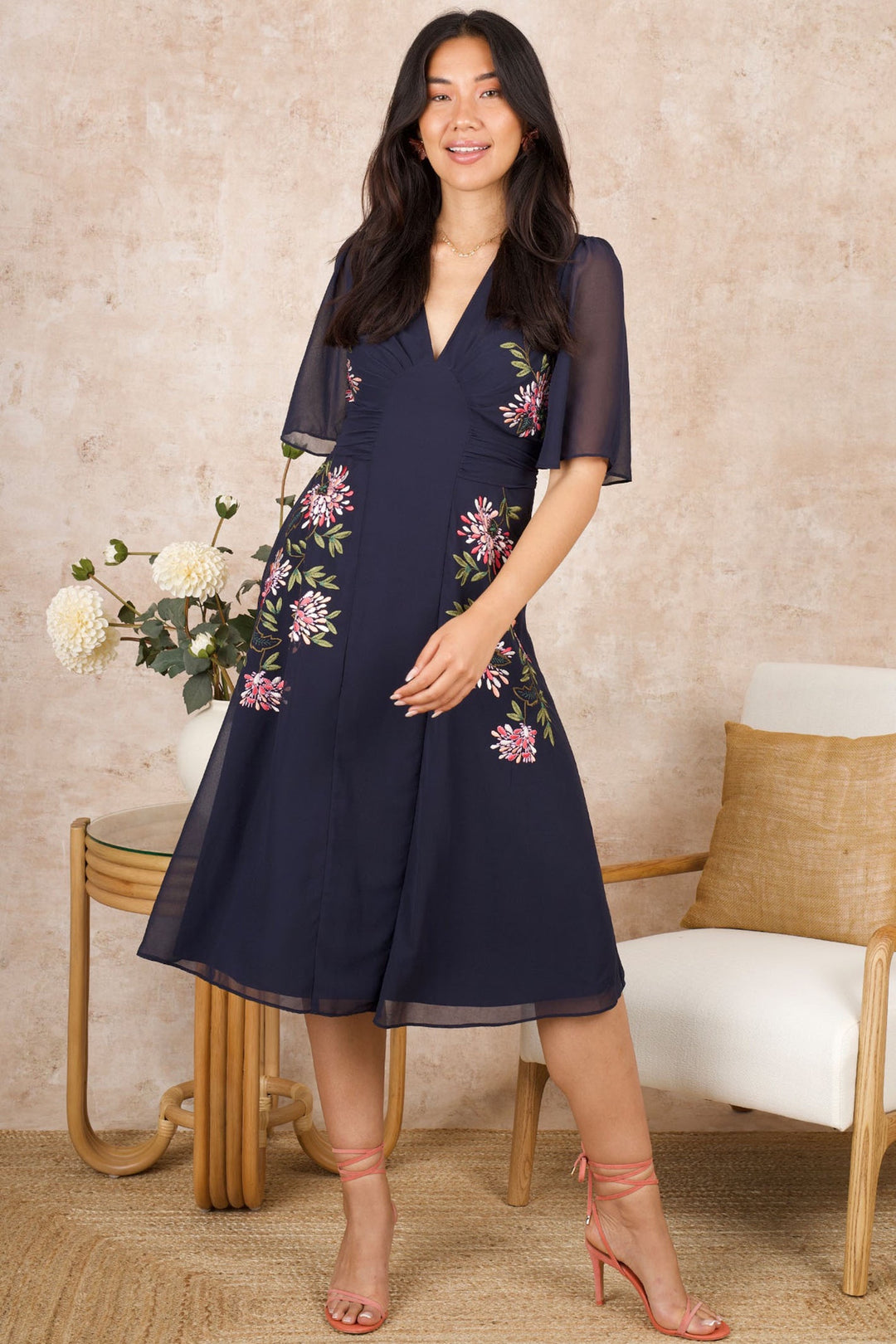 Hope and Ivy The Tiffany Embroidered Flutter Sleeve Front Panel Midi Dress with Tie Waist - Dotique