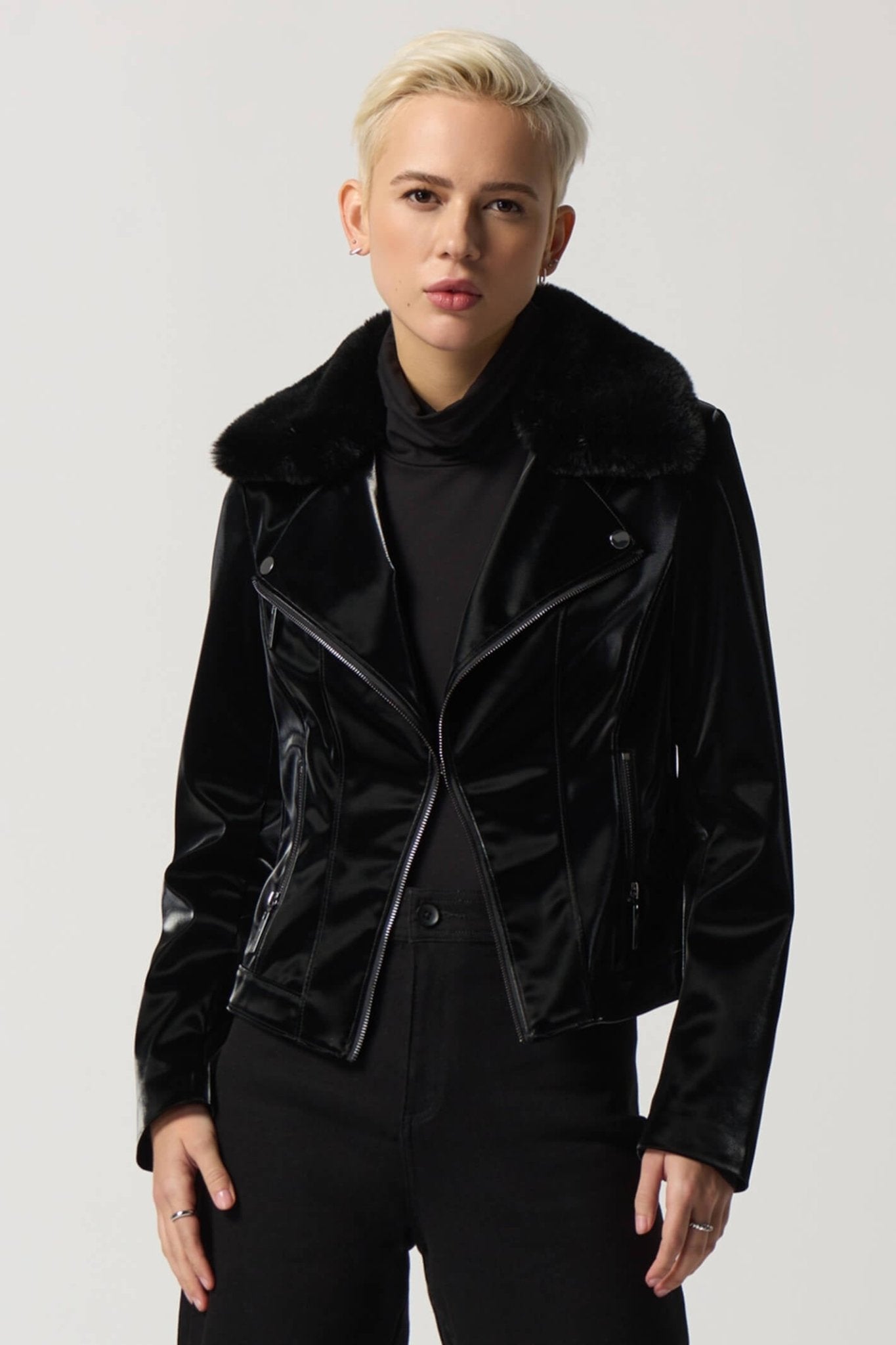 Joseph Ribkoff 233928 Black Faux-Leather Moto Jacket - Dotique