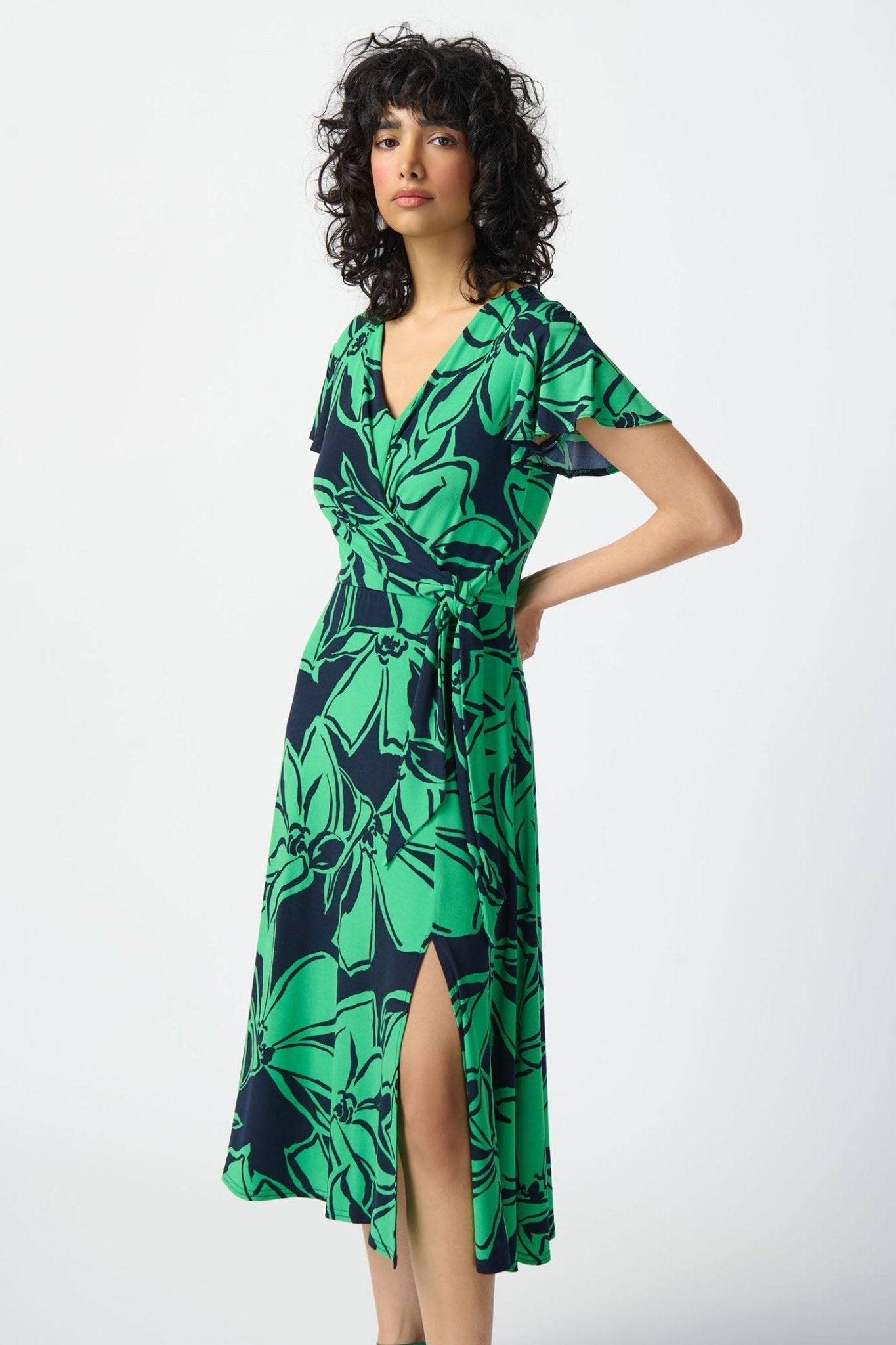 Joseph Ribkoff 241052 Green Floral Print Jersey Wrap Dress - Dotique Chesterfield