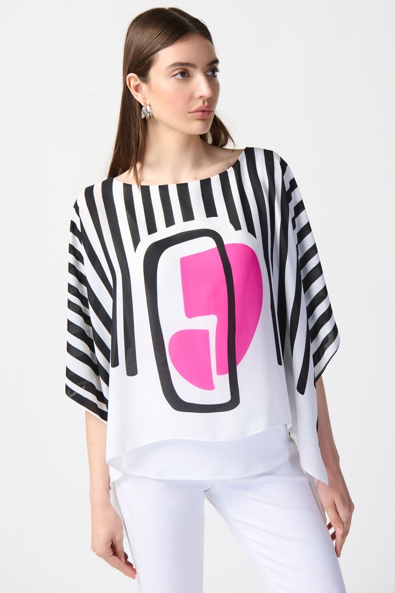 Joseph Ribkoff 241091 White Black Stripe Waterfall Sleeve Top - Dotique Chesterfield