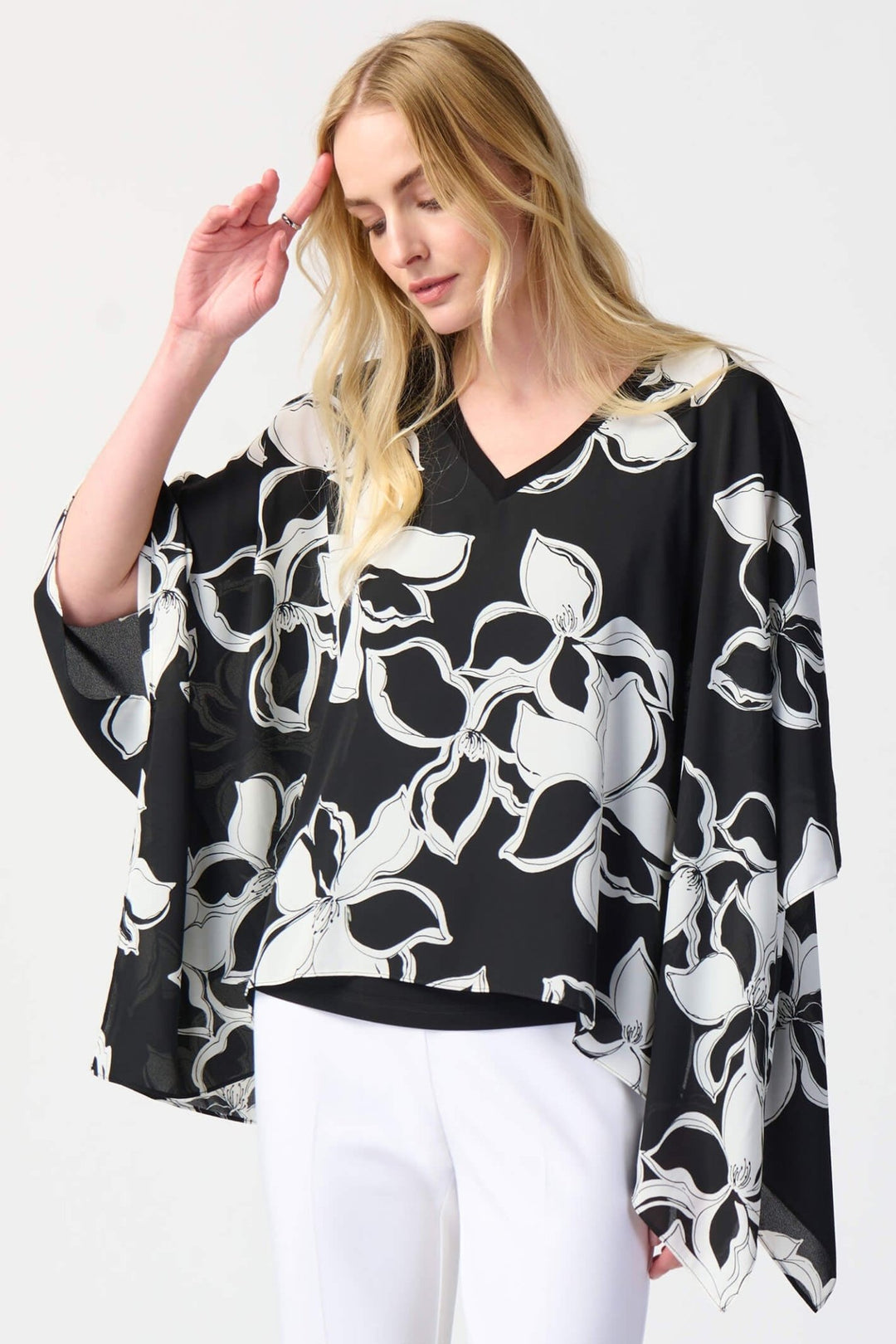 Joseph Ribkoff 241170 Black White Floral Print Georgette Poncho & Camisole - Dotique Chesterfield