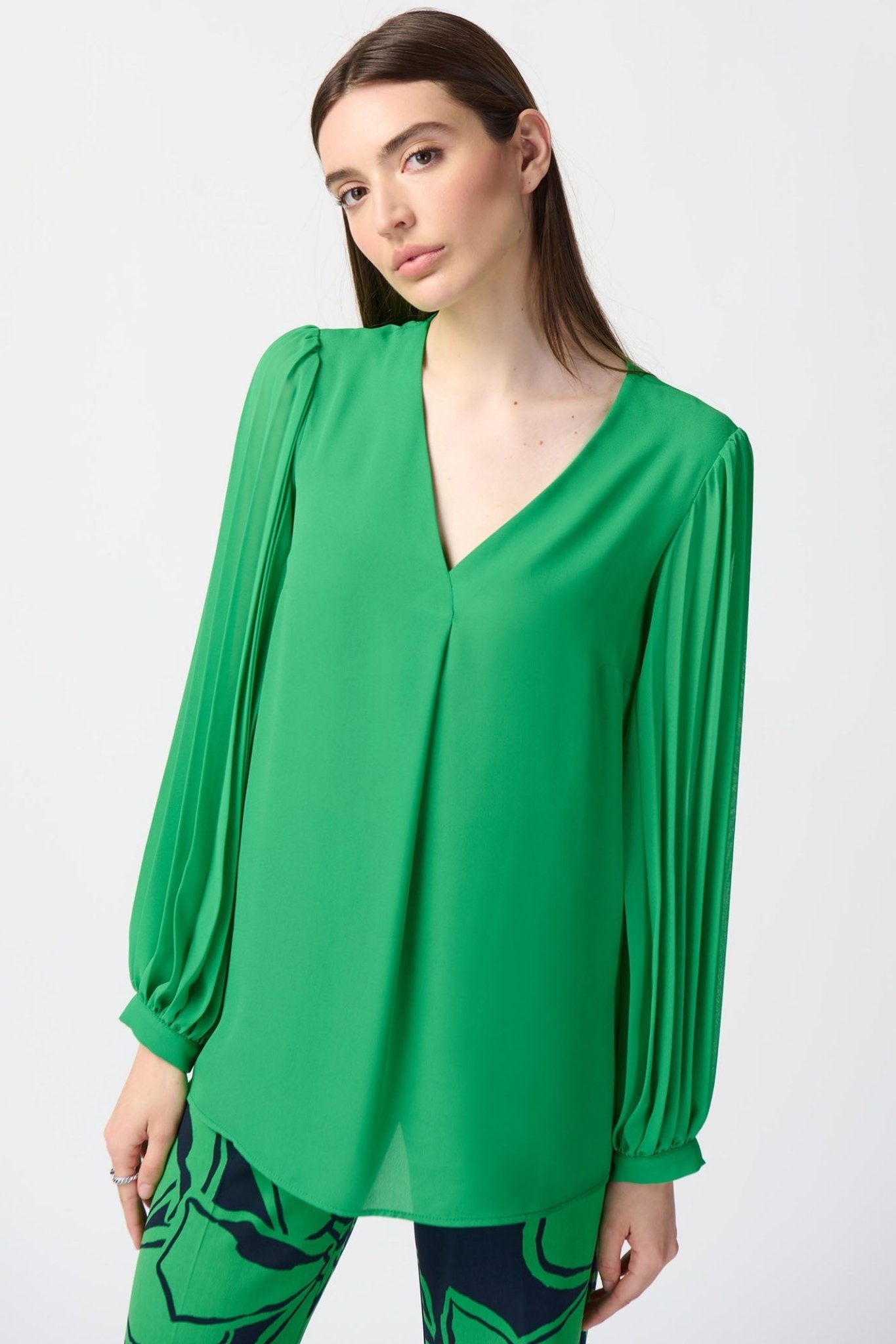 Joseph Ribkoff 241173 Island Green Georgette Pleated Chiffon Sleeves Top - Dotique Chestefield