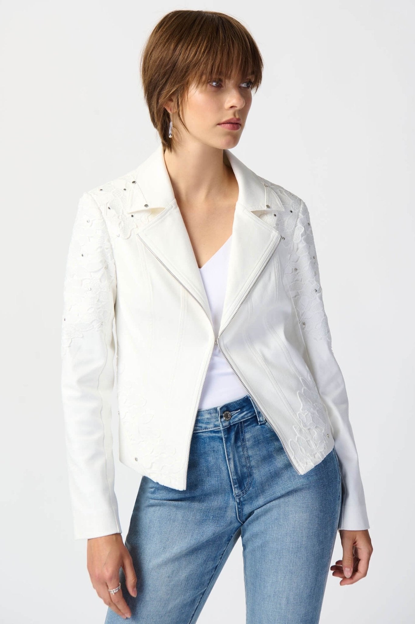 Joseph Ribkoff 241904 Studded Foiled Suede Jacket With Floral Appliqué - Dotique Chesterfield