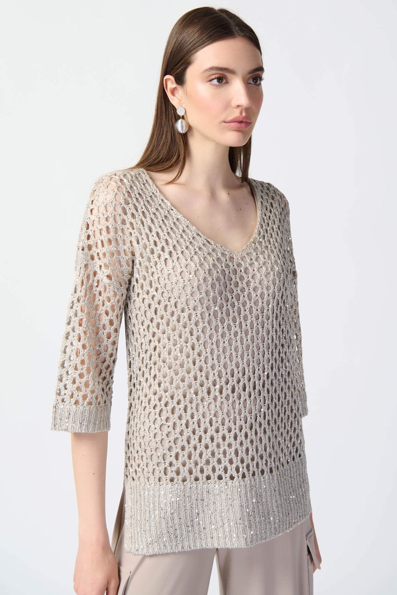 Joseph Ribkoff 241922 Champagne Open Stitch Sequin Jumper - Dotique Chestefield