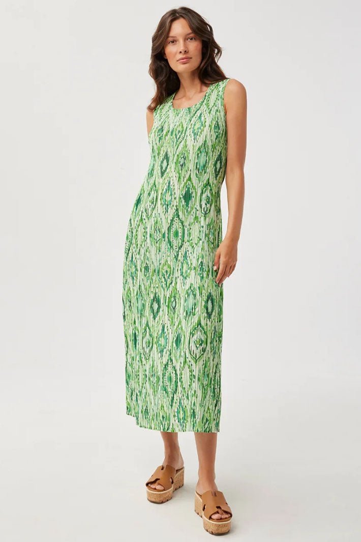 Leo & Ugo Camille OER866 Green Ikat Print Pleat Dress - Dotique