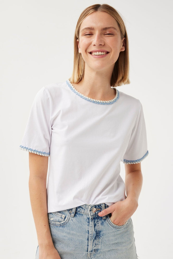 Leo & Ugo Maeva TEJ669 White Blue Braid Trim T-Shirt - Dotique