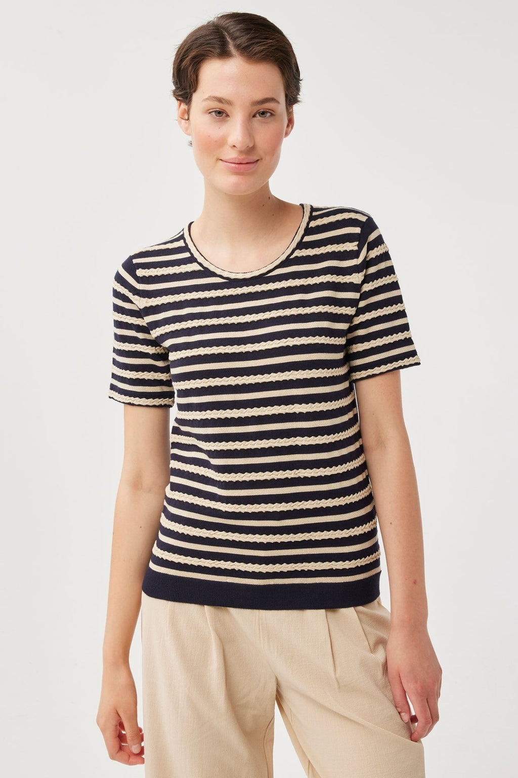 Leo & Ugo Marine AE833 Navy Gold Stripe Short Sleeve Top - Dotique