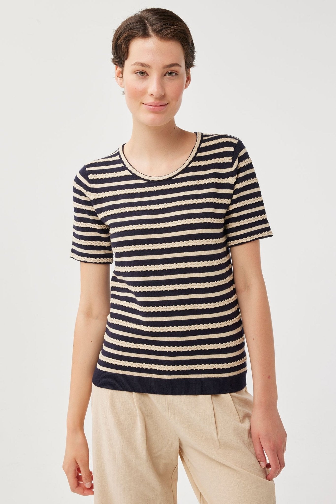 Leo & Ugo Marine AE833 Navy Gold Stripe Short Sleeve Top - Dotique