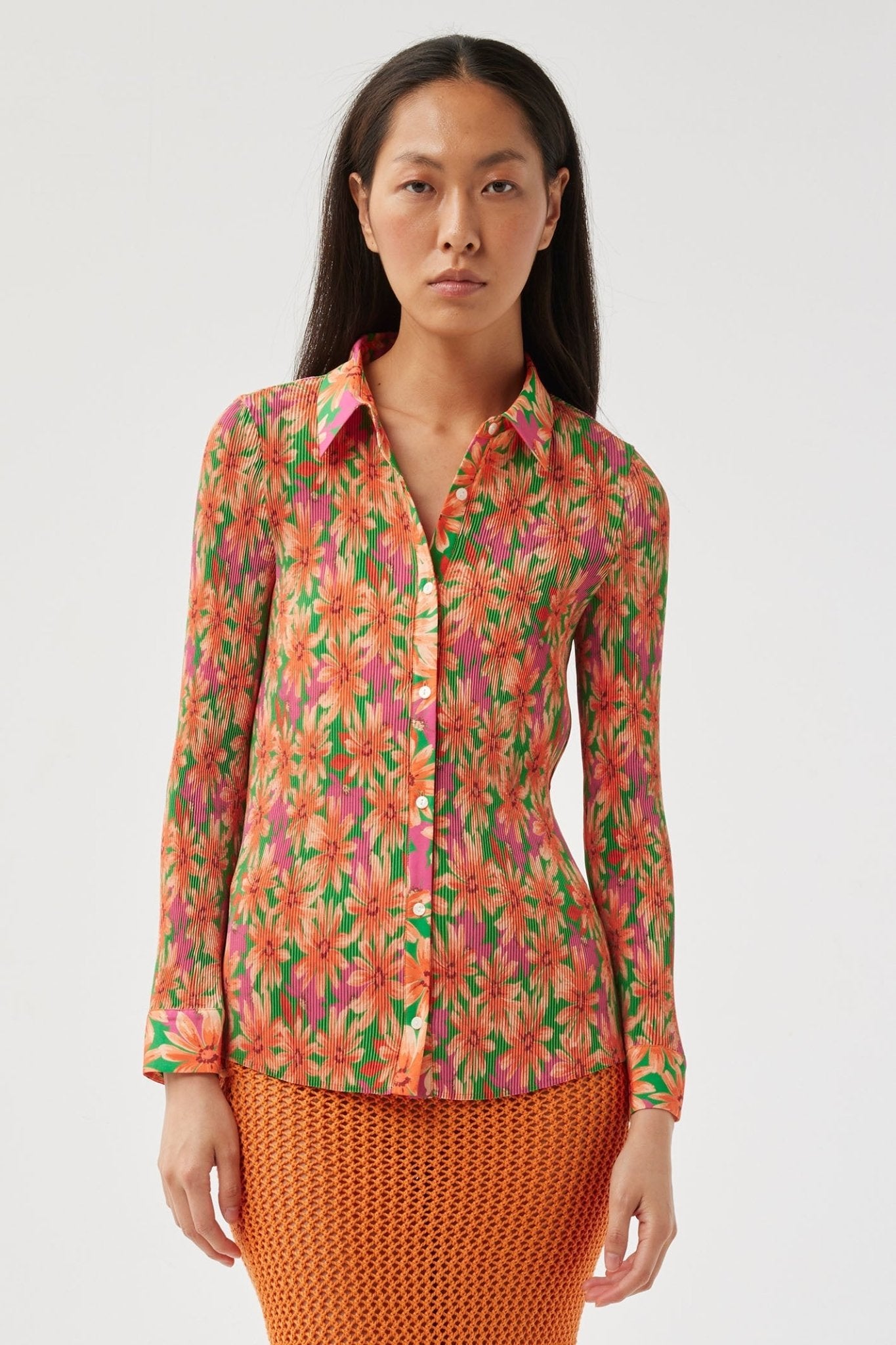 Leo & Ugo OE871 Pink Orange Floral Pleat Shirt - Dotique - Leo & Ugo