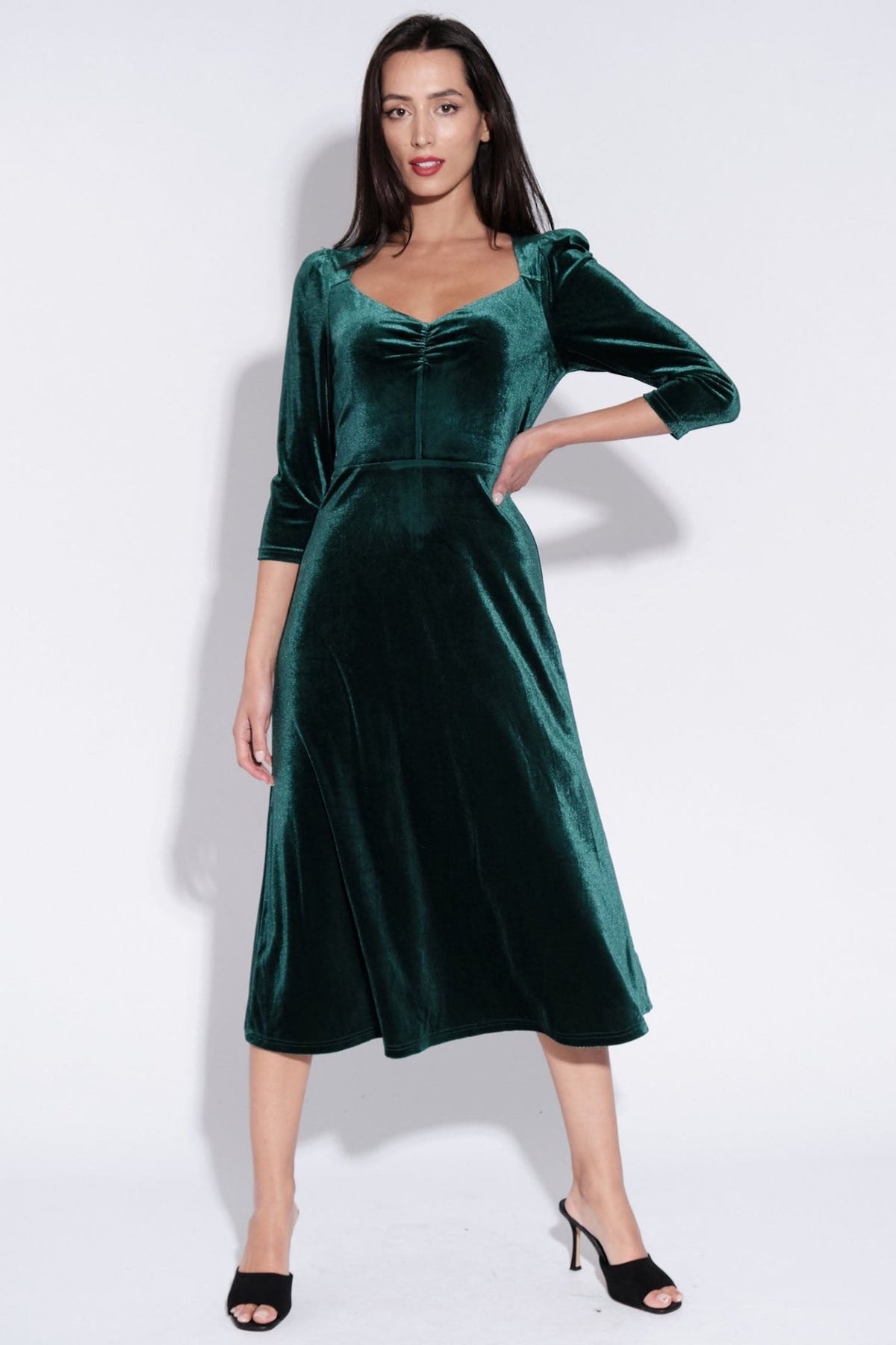 louche green dress Ambrose Velvet V-Neck Puff Shoulder Midi – Dotique weddinglehenga