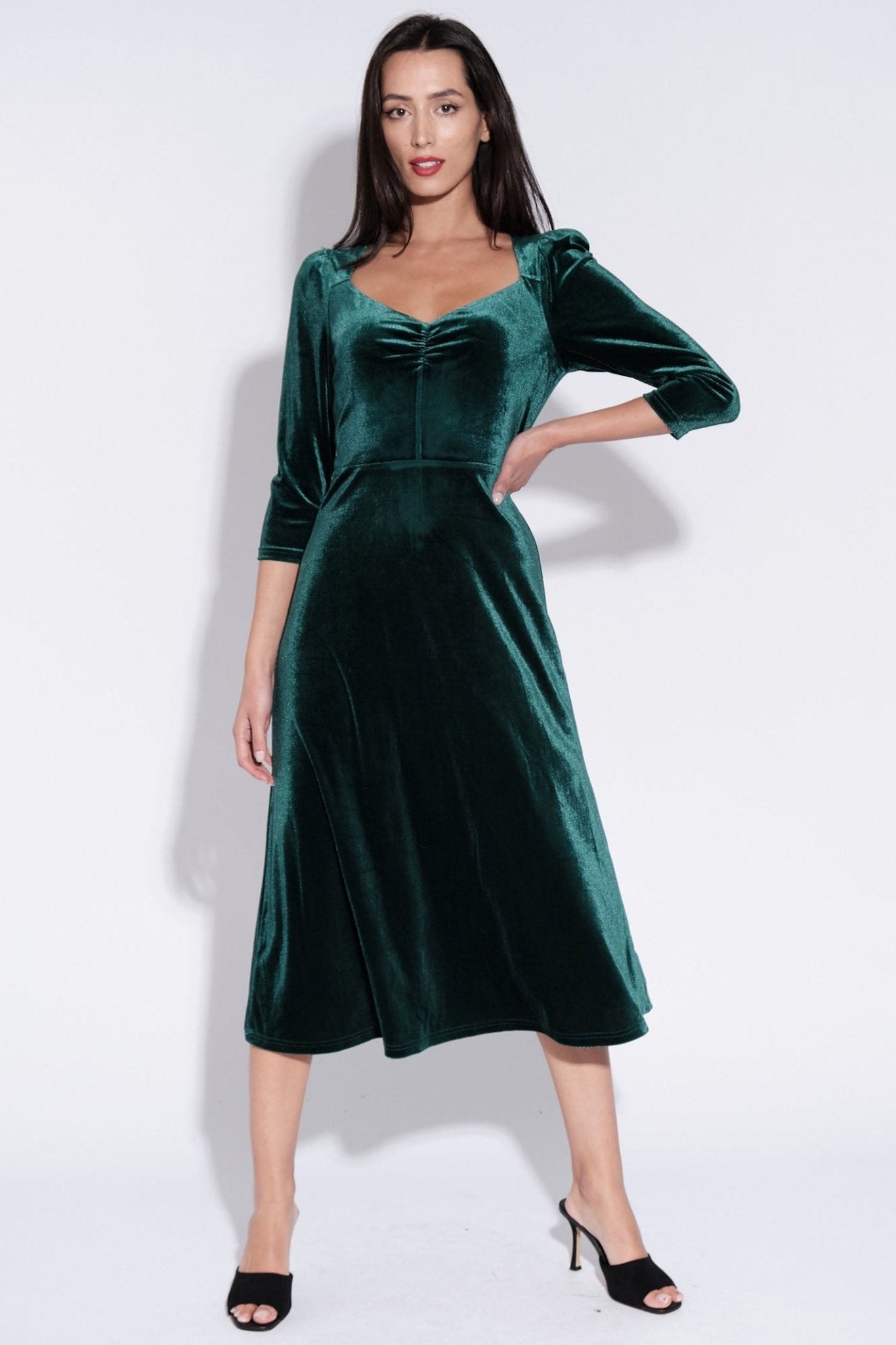 Louche Ambrose Green Velvet V-Neck Puff Shoulder Midi Dress - Dotique