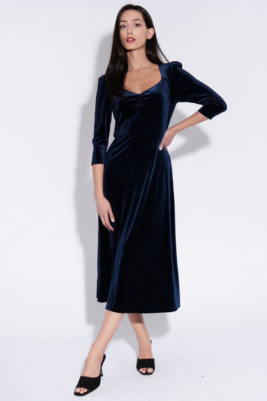 Louche Ambrose Navy Velvet V-Neck Puff Shoulder Midi Dress - Dotique