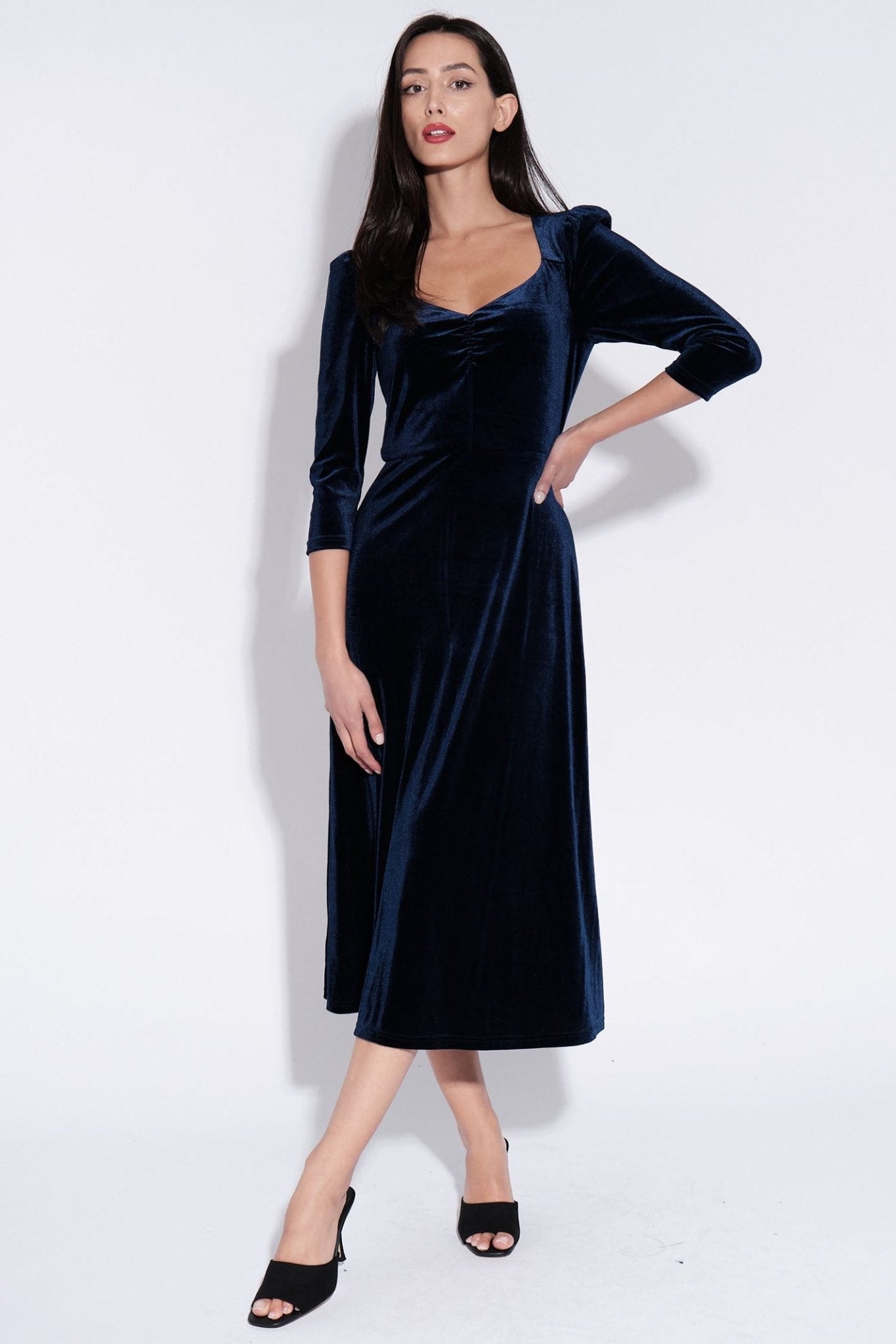 Louche Ambrose Navy Velvet V-Neck Puff Shoulder Midi Dress - Dotique