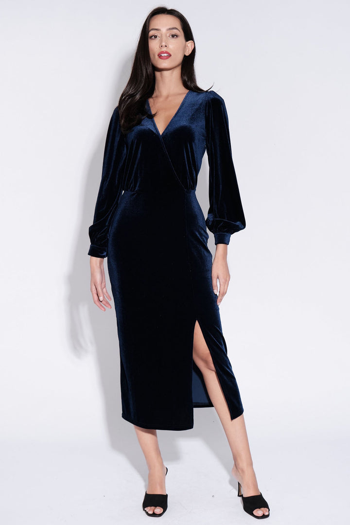 Louche Karen Navy Velvet Wrap Long Sleeve Midi Dress - Dotique