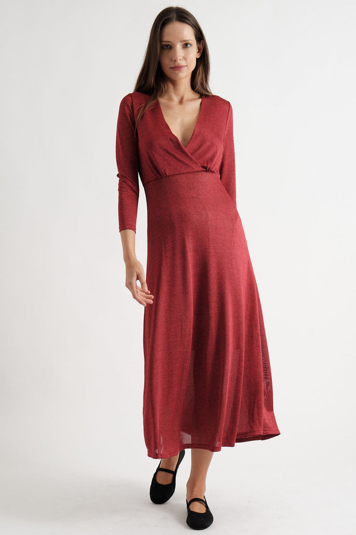 Louche Sona Red Marl Faux Wrap Midi Dress with Sleeves - Dotique Chesterfield