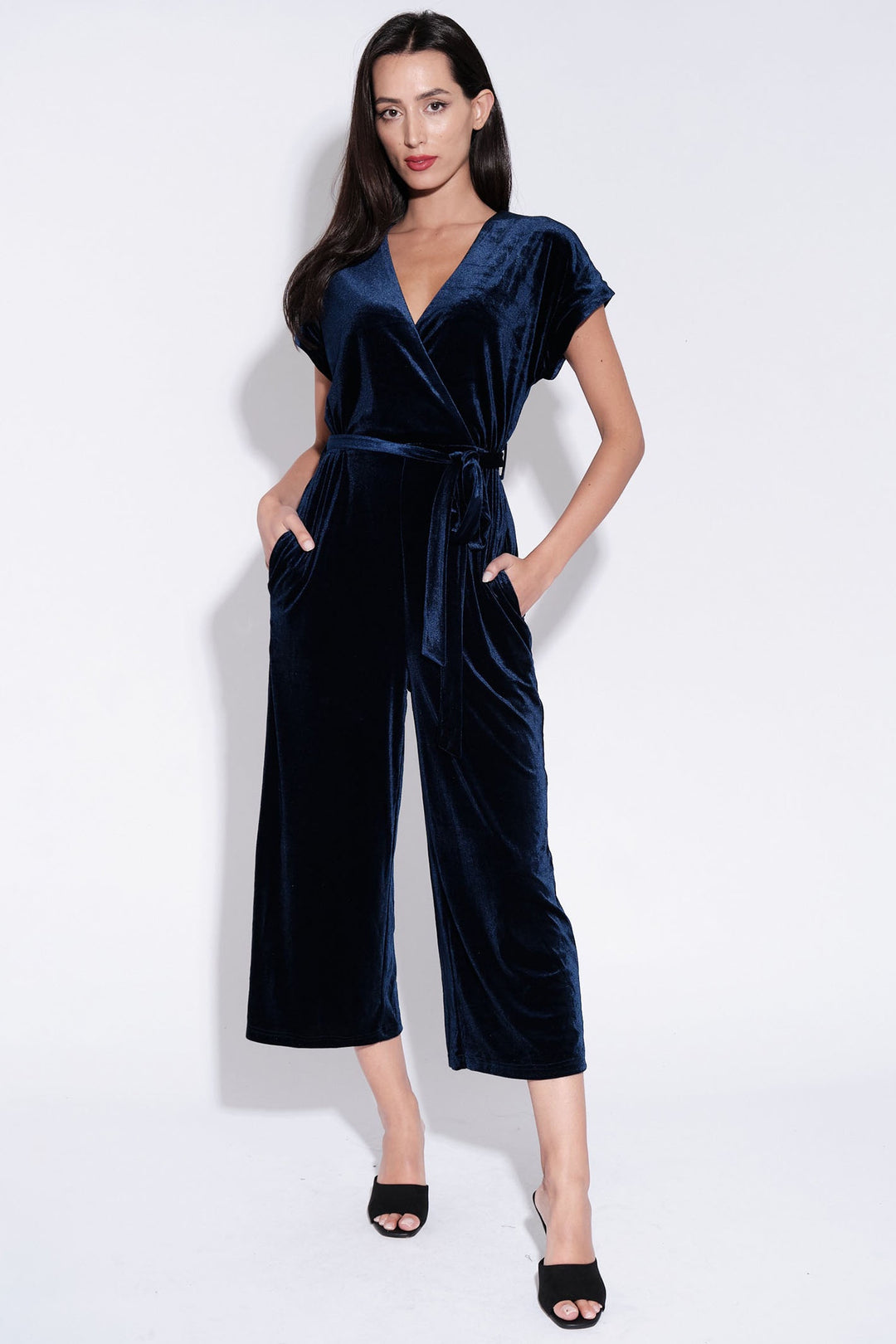 Louche Tiffany Navy Blue Velvet Cropped Leg Jumpsuit - Dotique