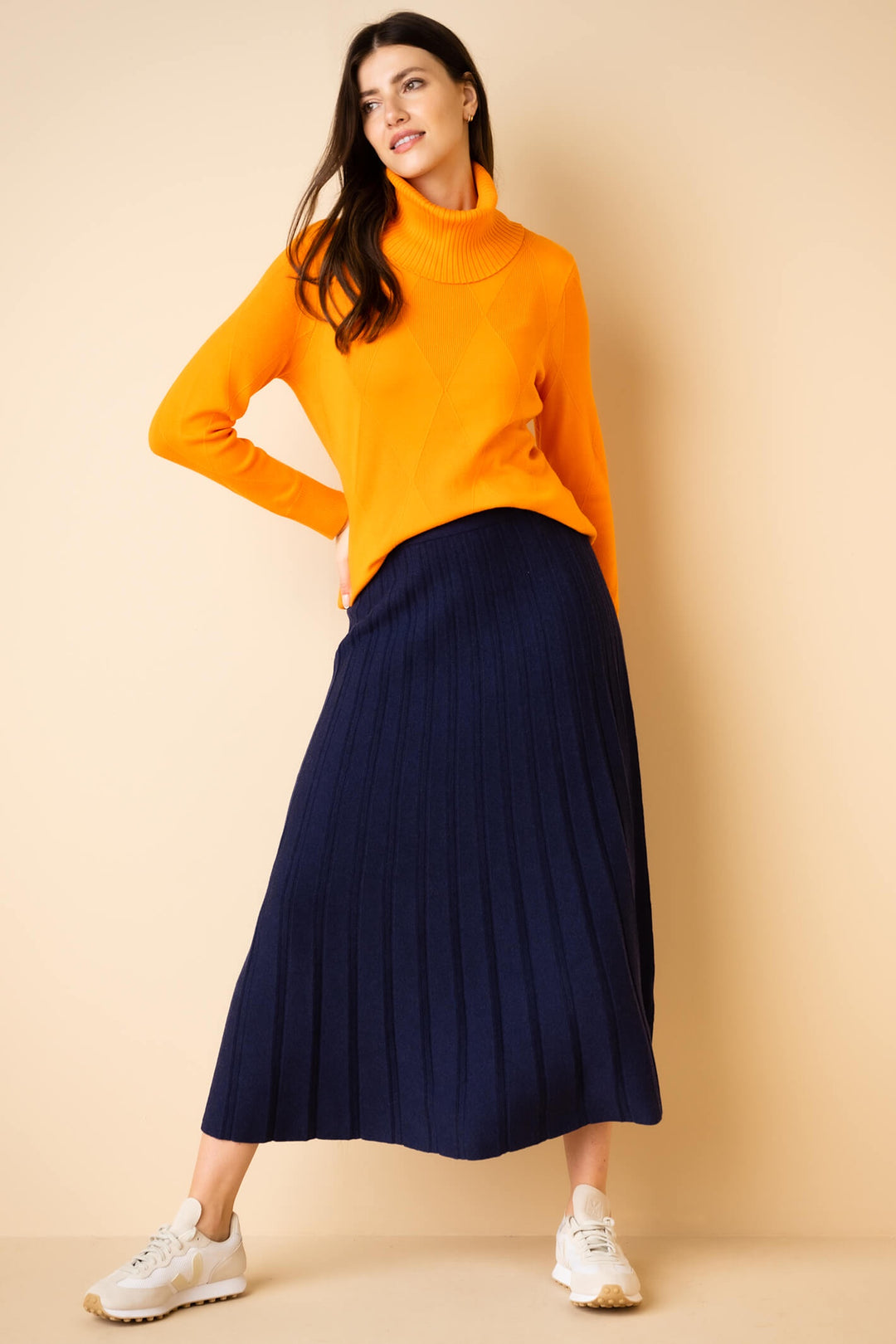 Marble 7176 103 Navy Pleated Knit Midi Skirt - Dotique