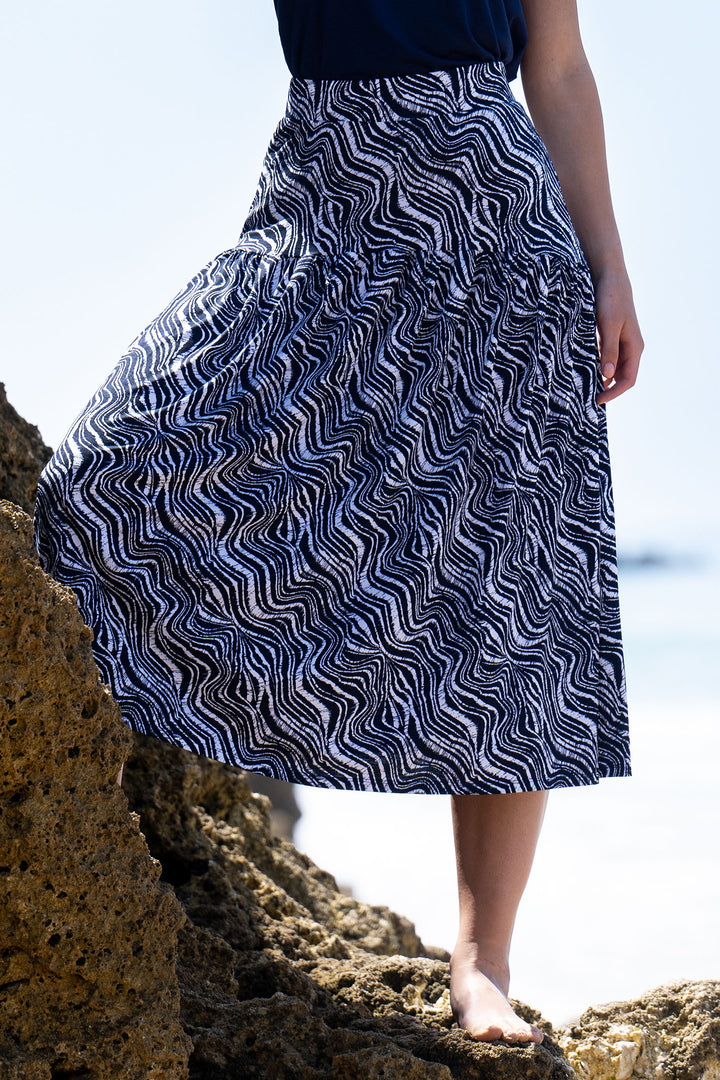 Marble 7403 103 Navy Wave Print Midi Skirt - Dotique