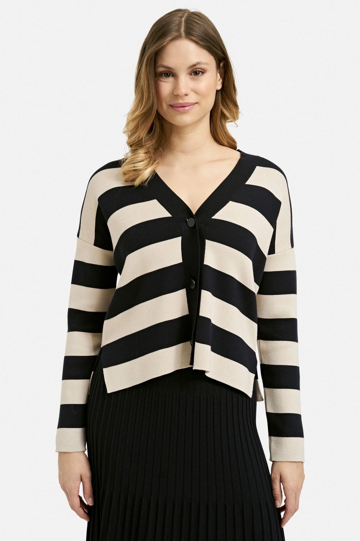 Milano 33-5048-9719 Navy Cream Stripe Button Front Cardigan - Dotique Chesterfield