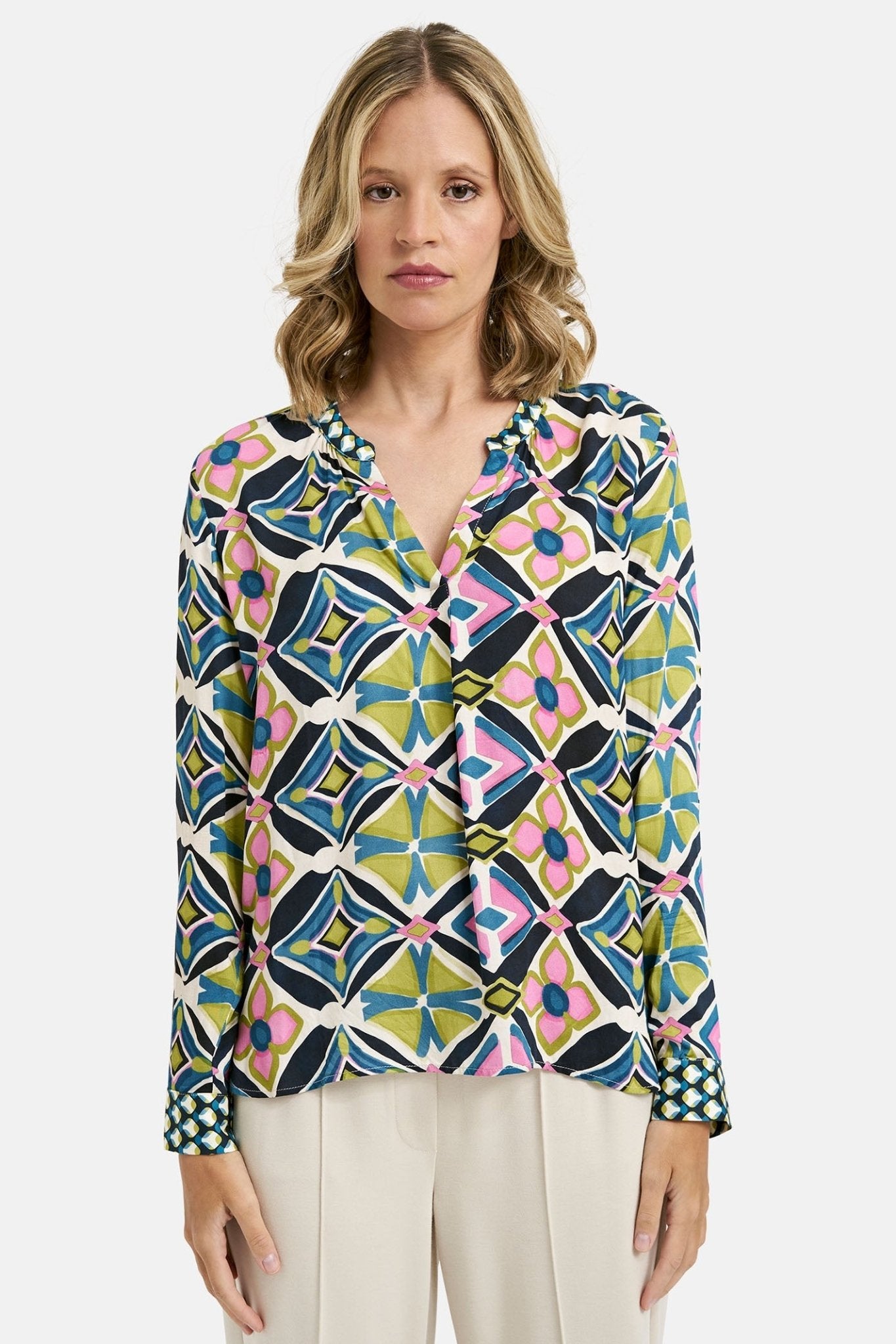 Milano 41-6230-3581 Lime Green Print V-Neck Blouse - Dotique