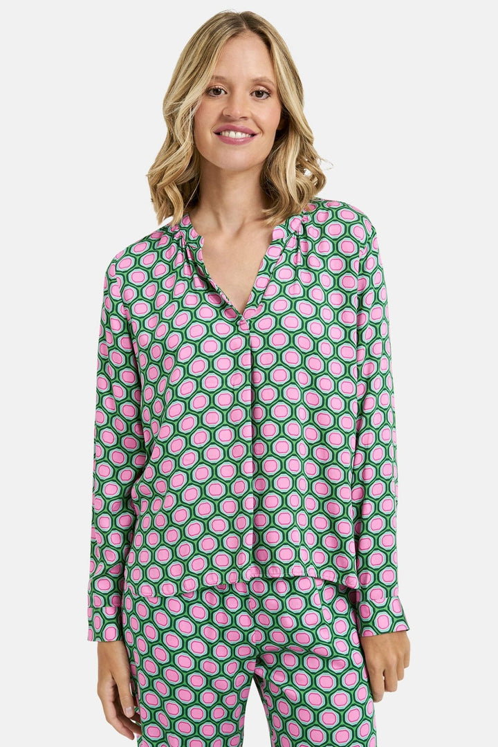Milano 41-6240-3581 Kiwi Green Geometric Print Collarless Blouse - Dotique