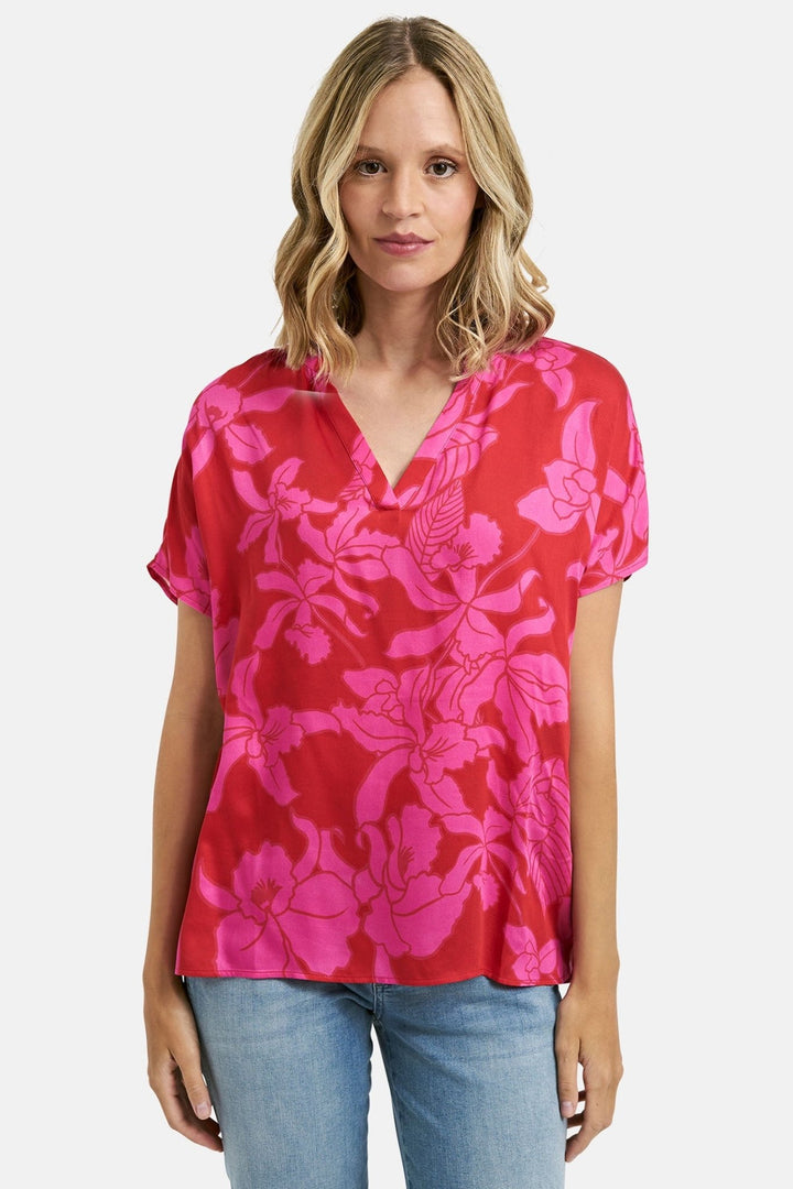 Milano 41-6249-7018 Pink Flower Print V-Neck Blouse Top - Dotique