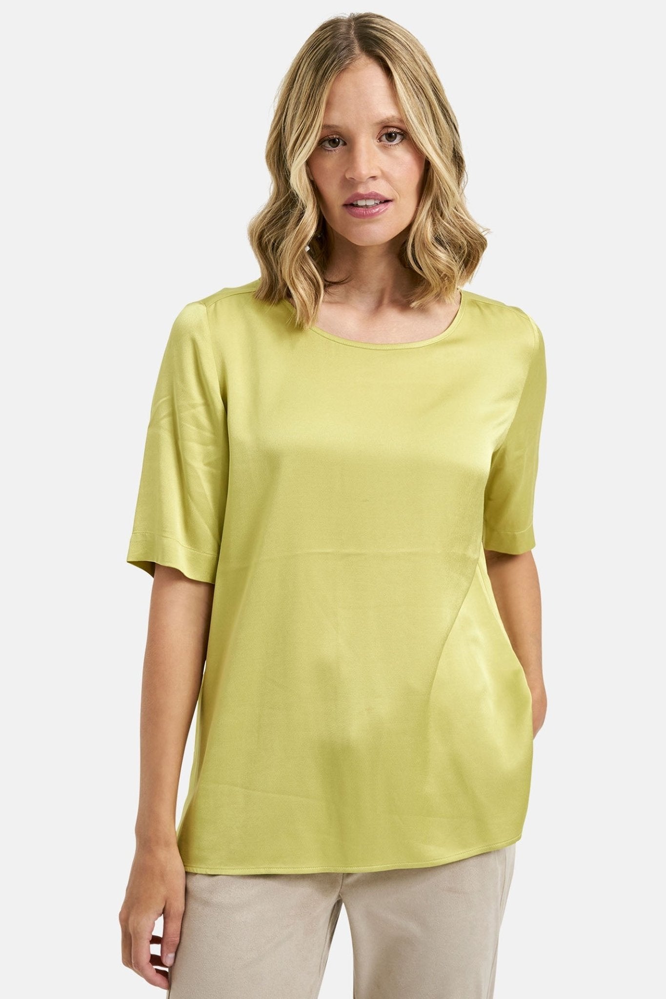 Milano 41-6976-6013 Lime Green Round Neck Short Sleeve Satin Top - Dotique