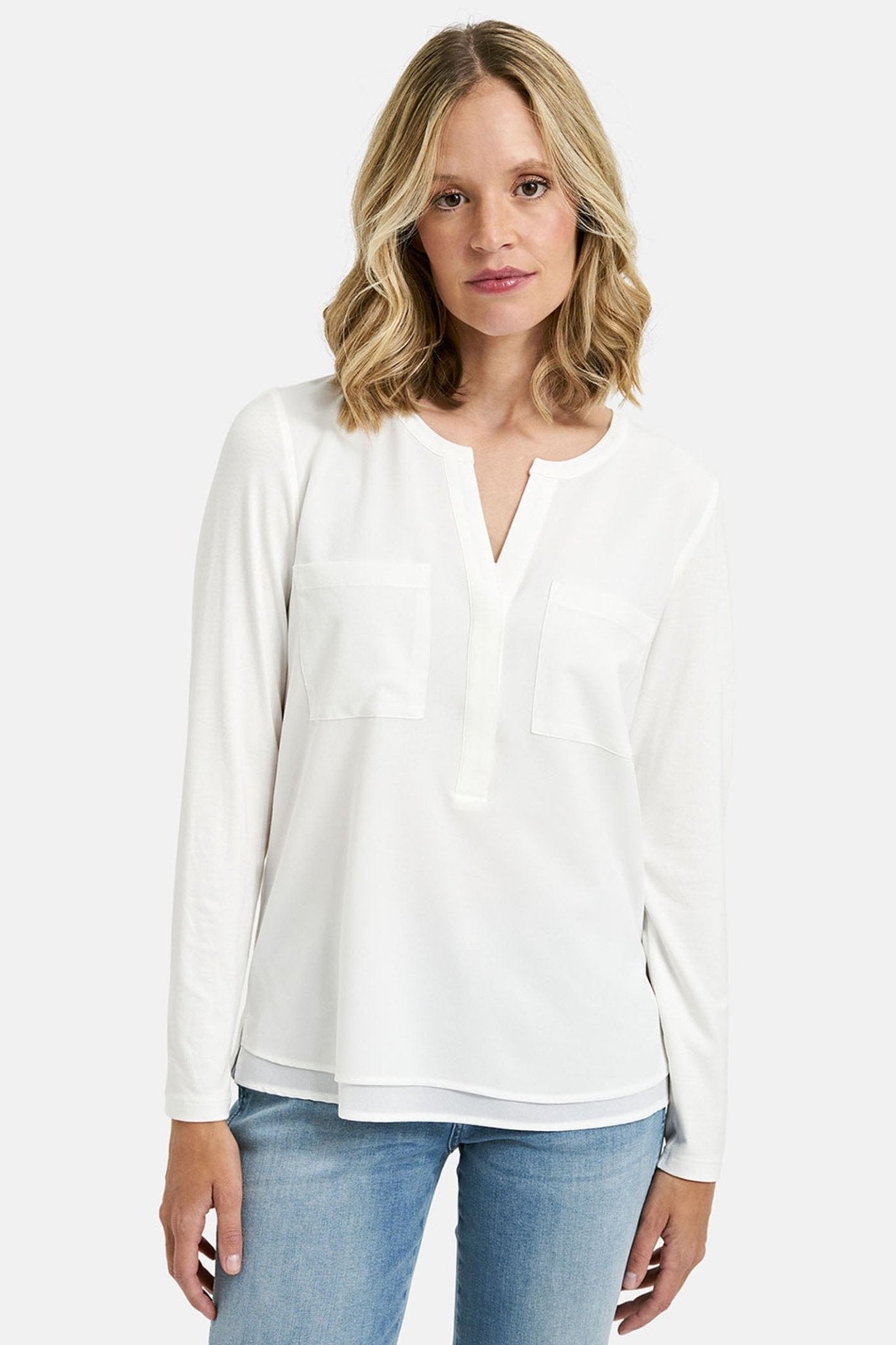 Milano 99-7401-8156-7 Off White Split Neck Blouse - Dotique