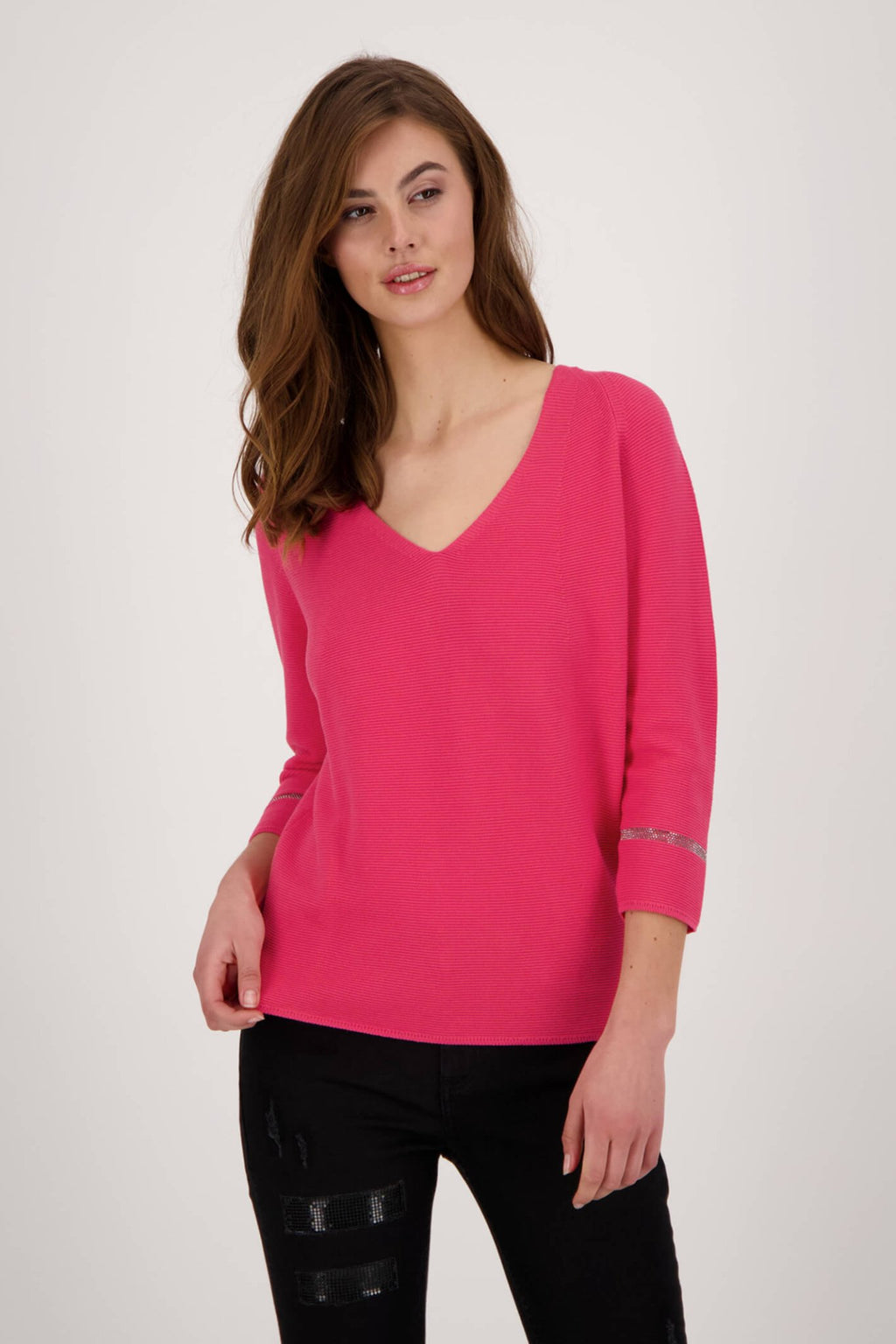 Monari 406083 Rose Pink V-Neck Knitted Jumper - Dotique