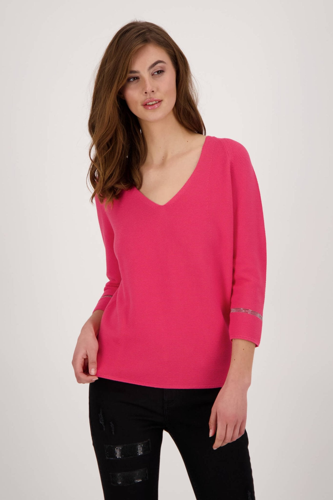Monari 406083 Rose Pink V-Neck Knitted Jumper - Dotique