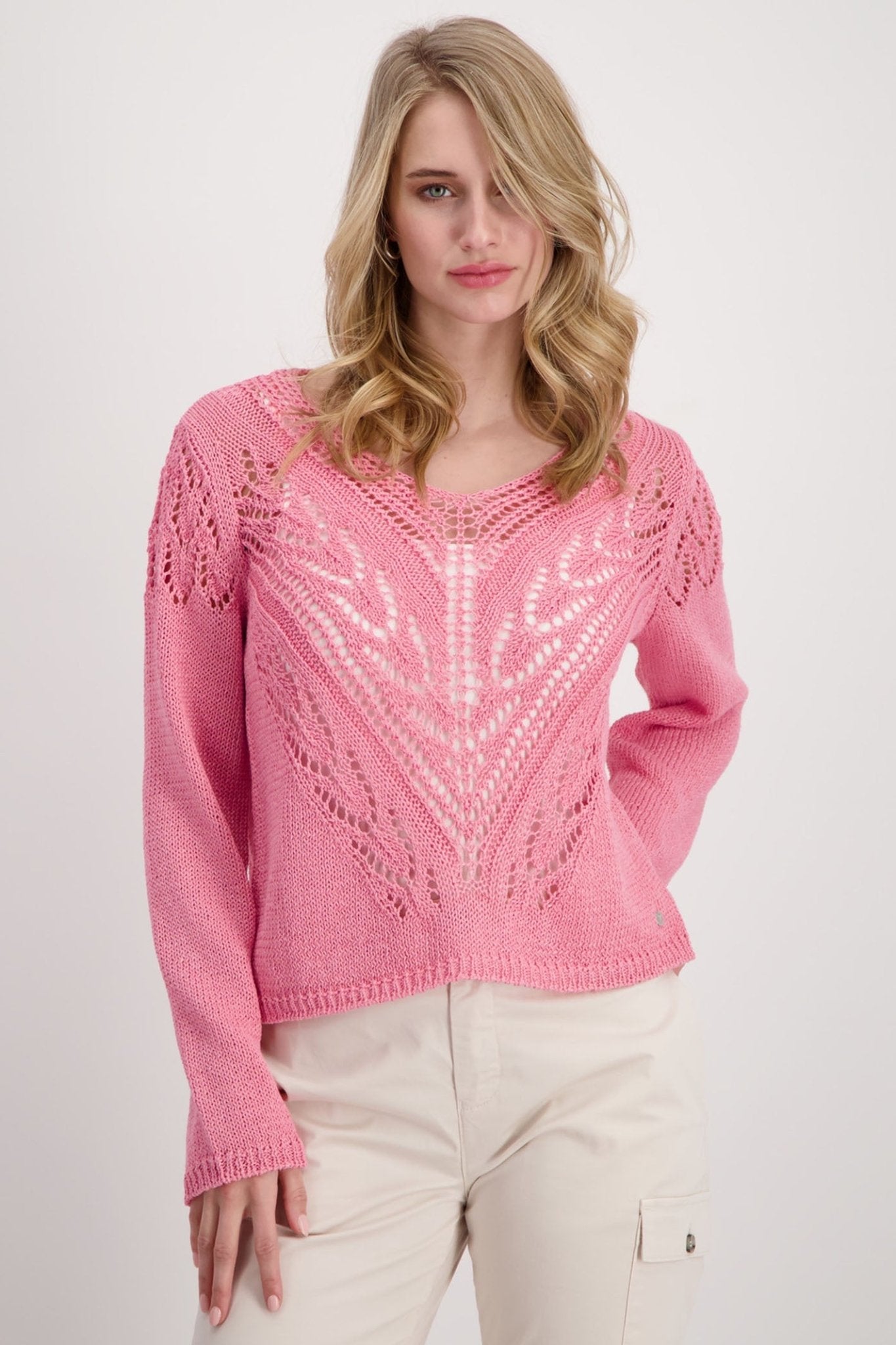Monari 408455 Pink Smoothie Loose Knit V-Neck Jumper - Dotique