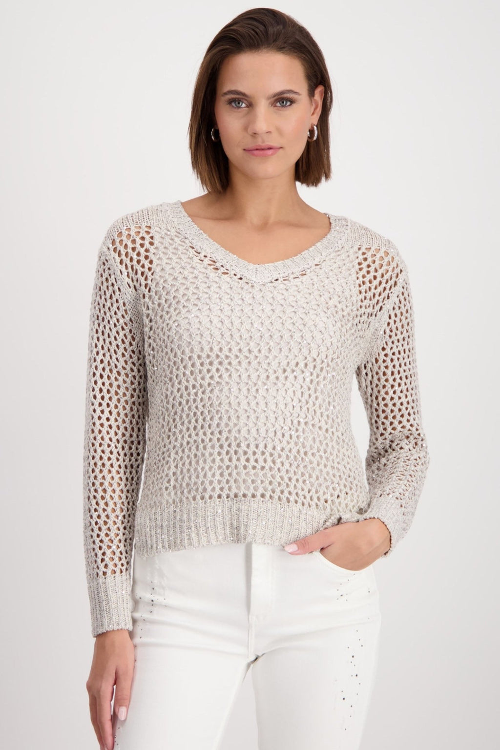 Monari 408471 Peanut Beige Sequin Mesh Knit V-Neck Jumper - Dotique