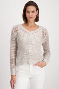Monari 408471 Peanut Beige Sequin Mesh Knit V-Neck Jumper - Dotique