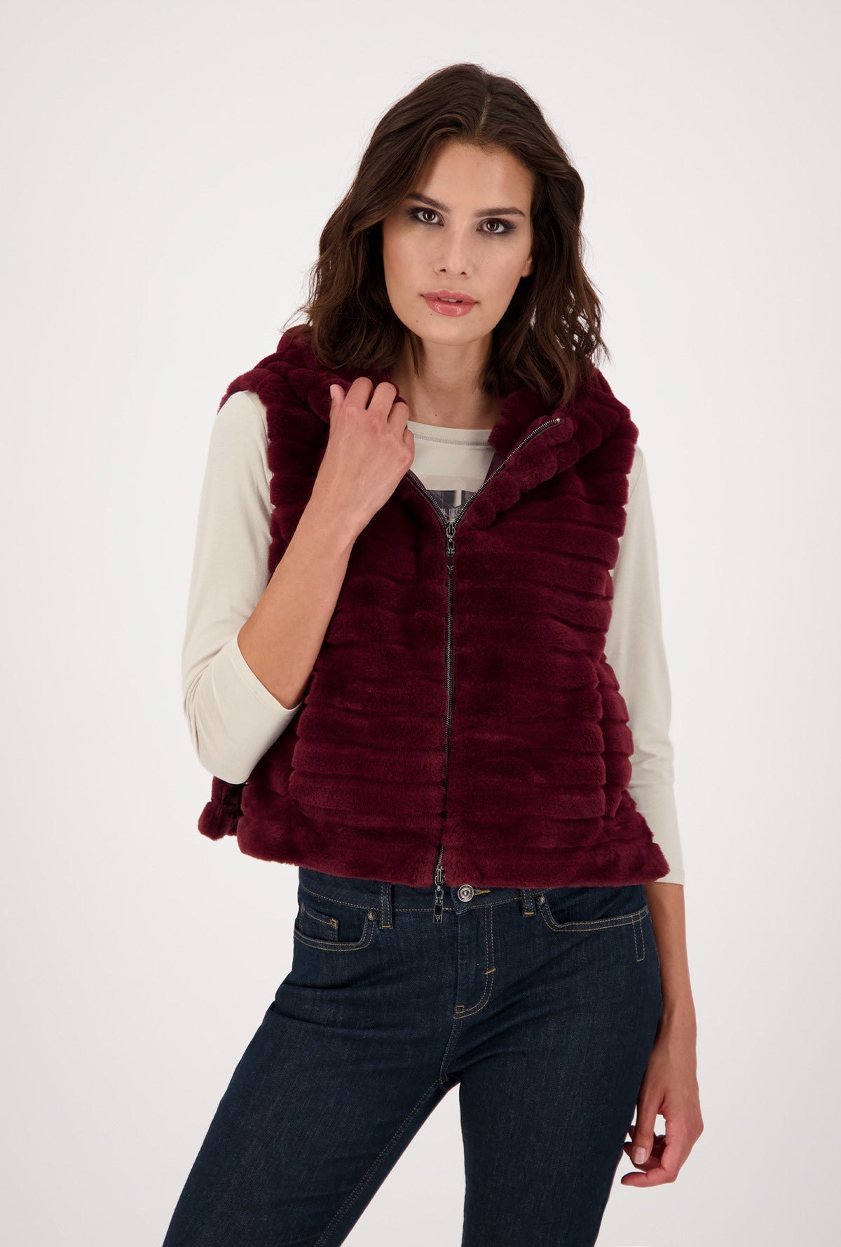 Monari 805713 Berry Wine Waistcoat Front Lifestyle 2 | Dotique