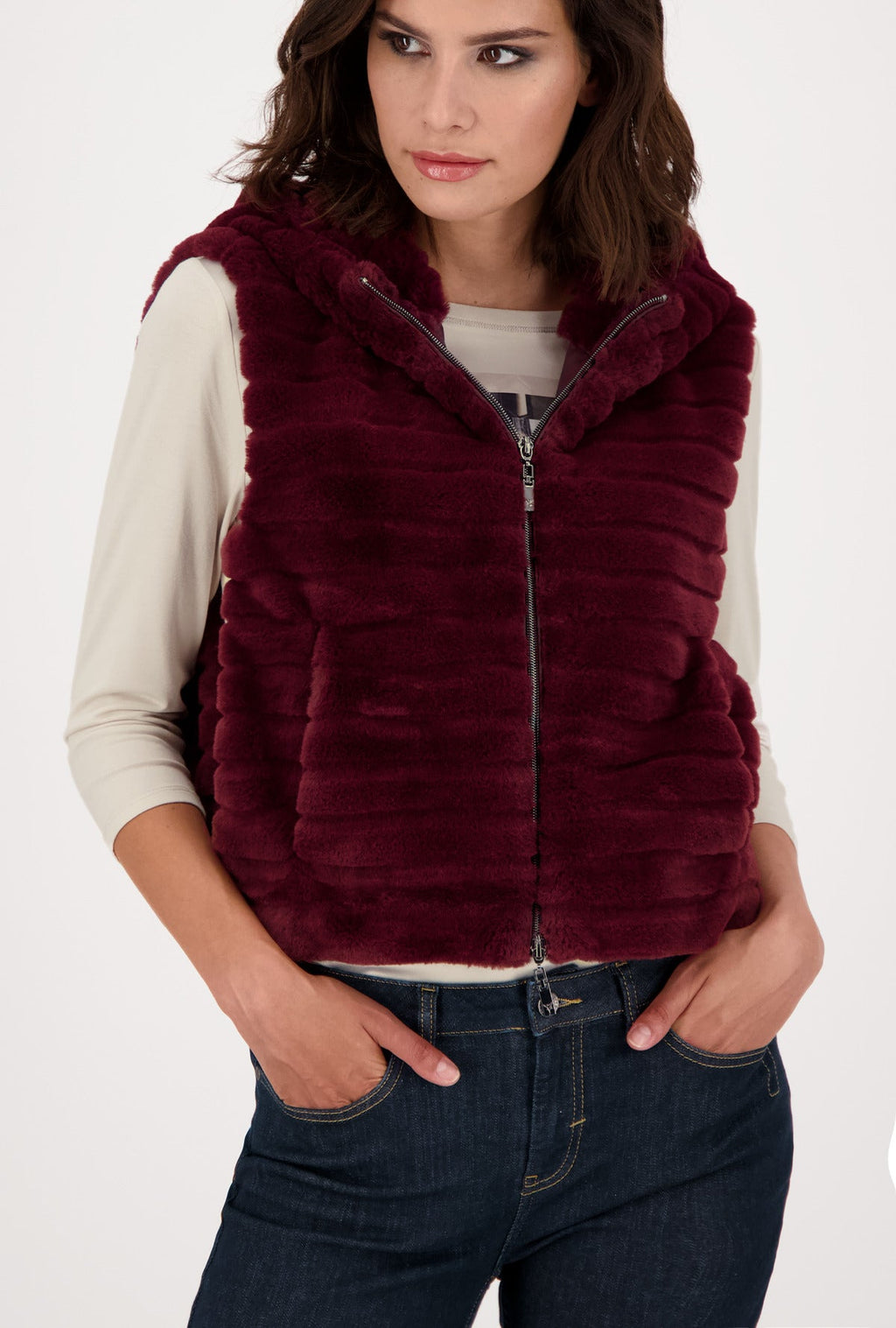 Monari 805713 Berry Wine Waistcoat Front Lifestyle 1 | Dotique