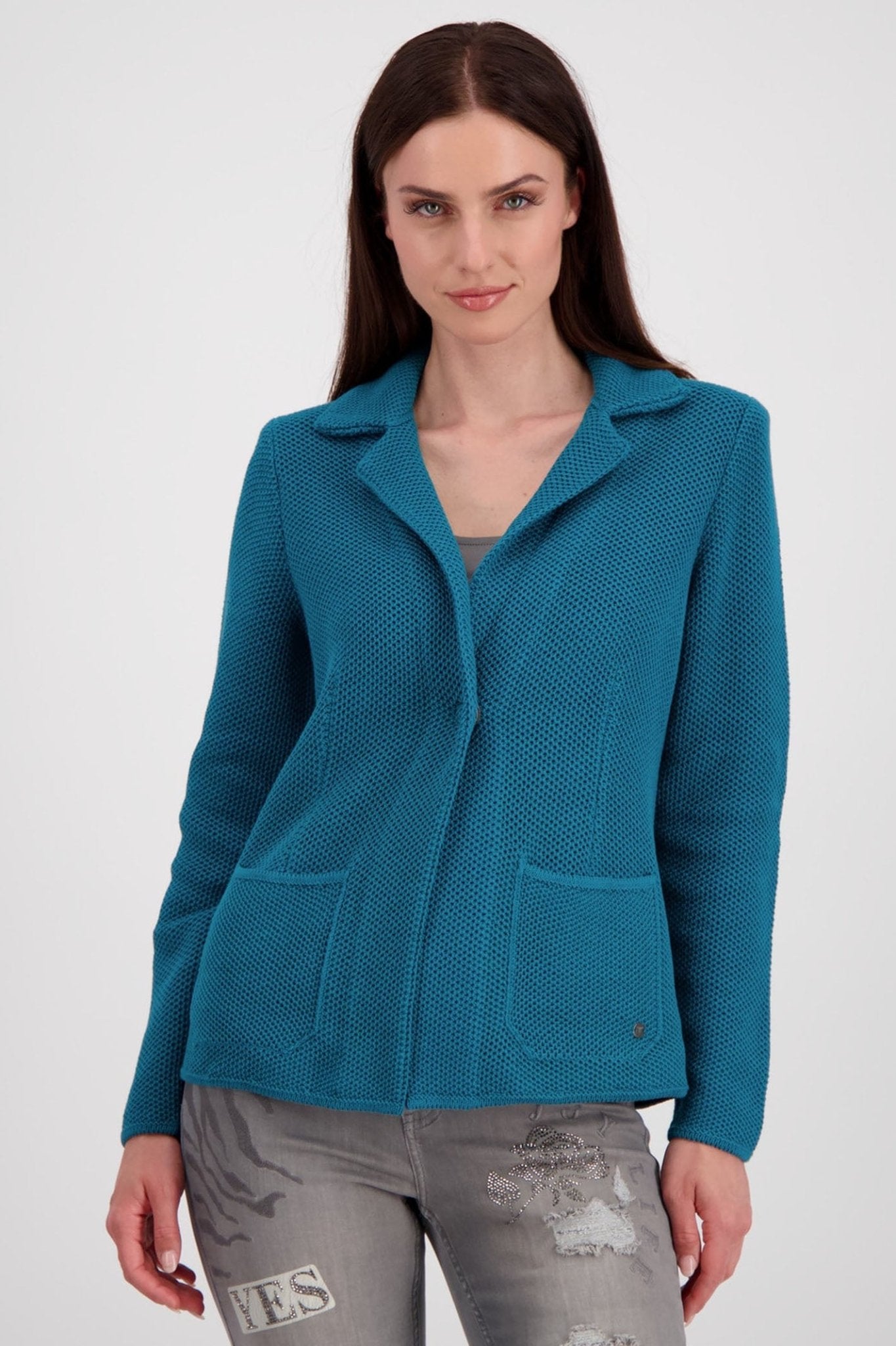 Monari 807272 Teal Knitted Blazer Jacket - Dotique