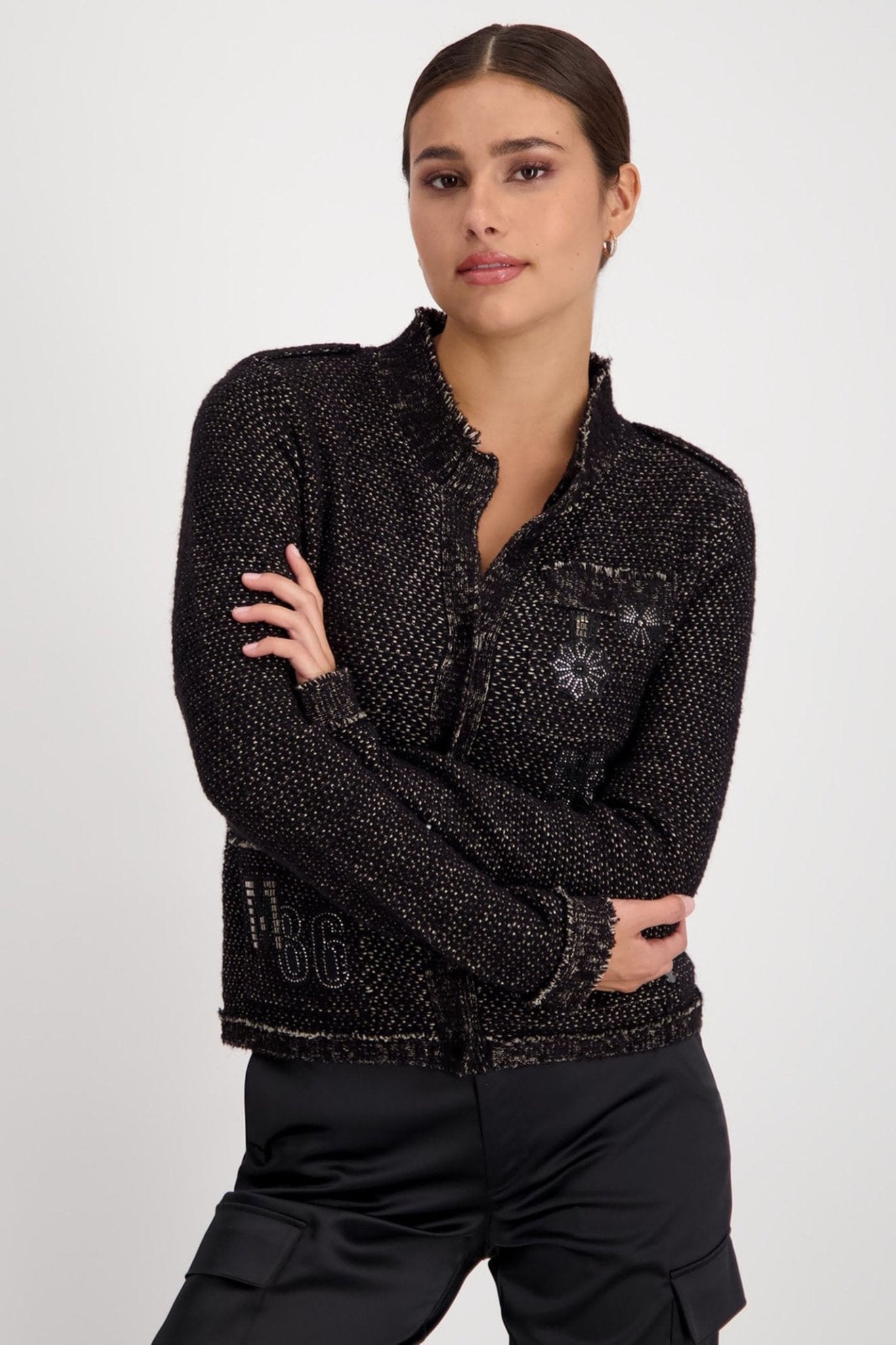 Monari 807364 Black Two-Tone Lurex Cardigan Jacket - Dotique Chesterfield