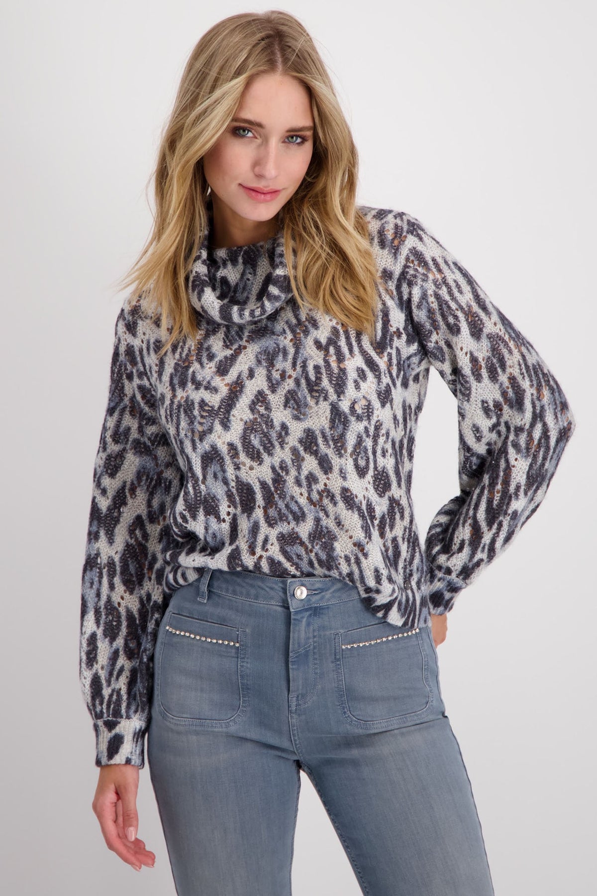 Monari 807448 Smokey Blue Animal Pattern Cowl Neck Jumper – Dotique